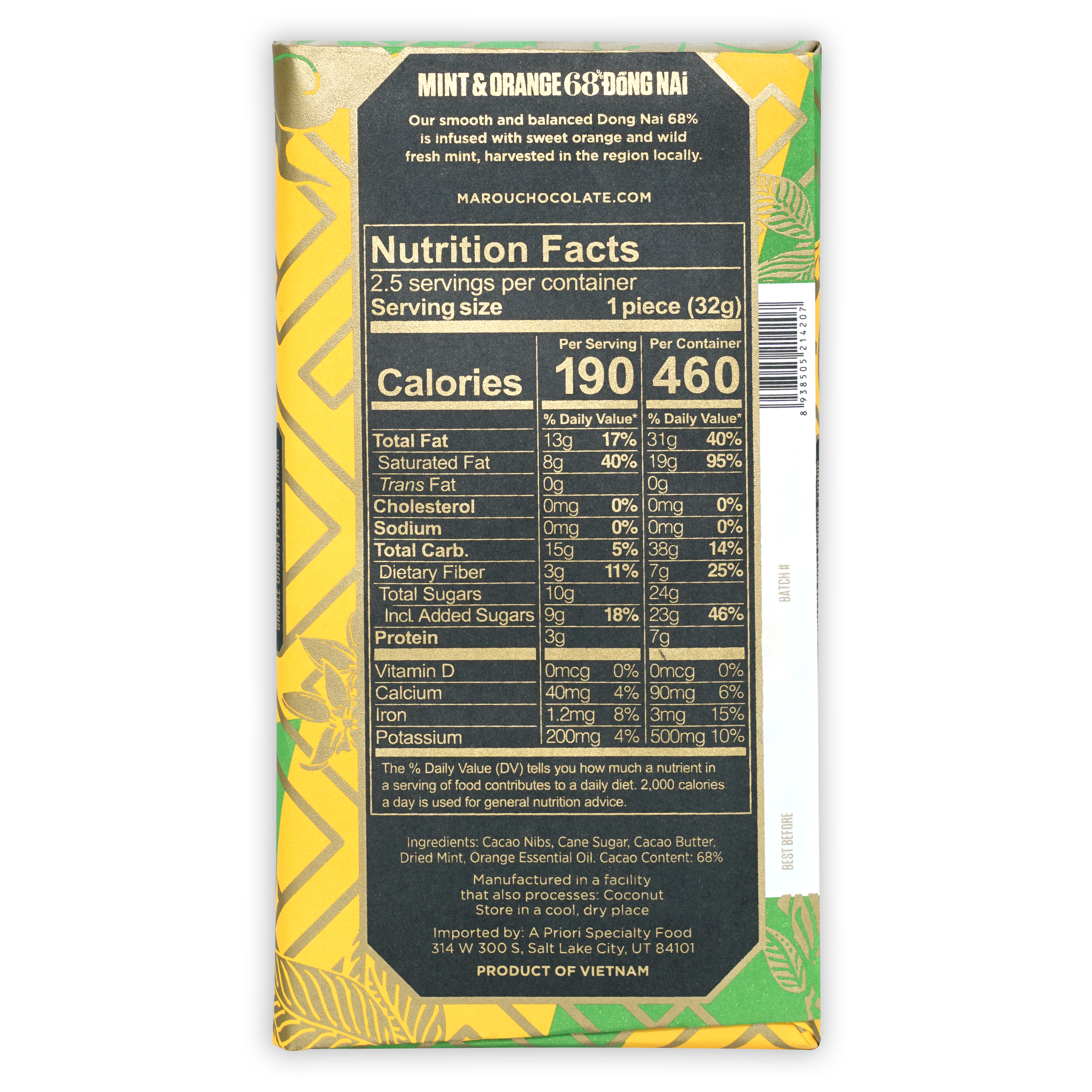 Marou Mint & Orange Dong Nai 68% Dark Chocolate Bar - Premium Vietnamese Single Origin Cacao for Gifting, Baking & Gourmet Desserts
