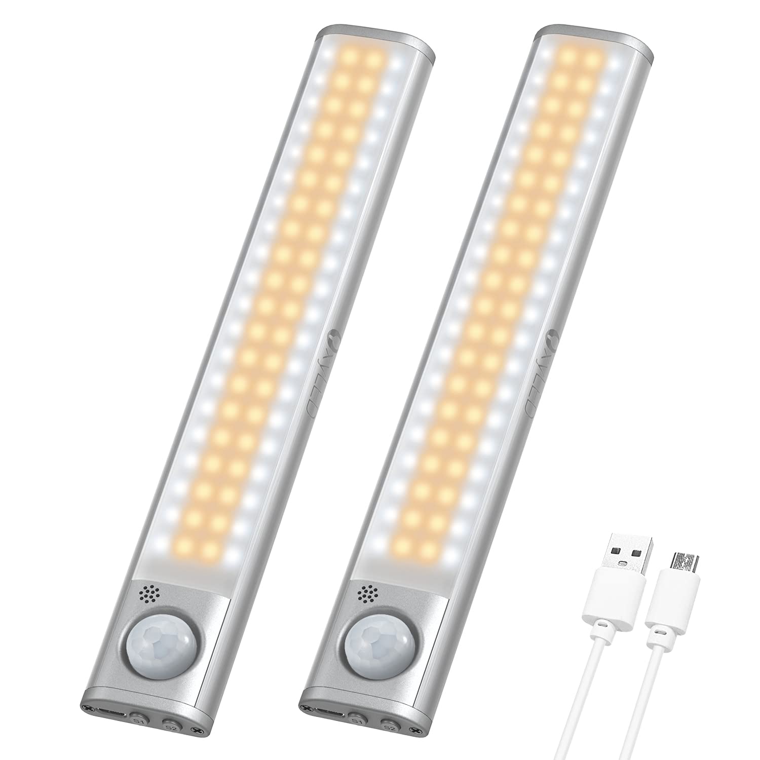 80 LED Motion Sensor Closet Light - USB Rechargeable Wireless Under Cabinet Lights, Dimmable Stick-on Night Light for Kitchen, Wardrobe, Stairs (2 Pack) - Perfect for Bedrooms, Hallways & Dark Spaces