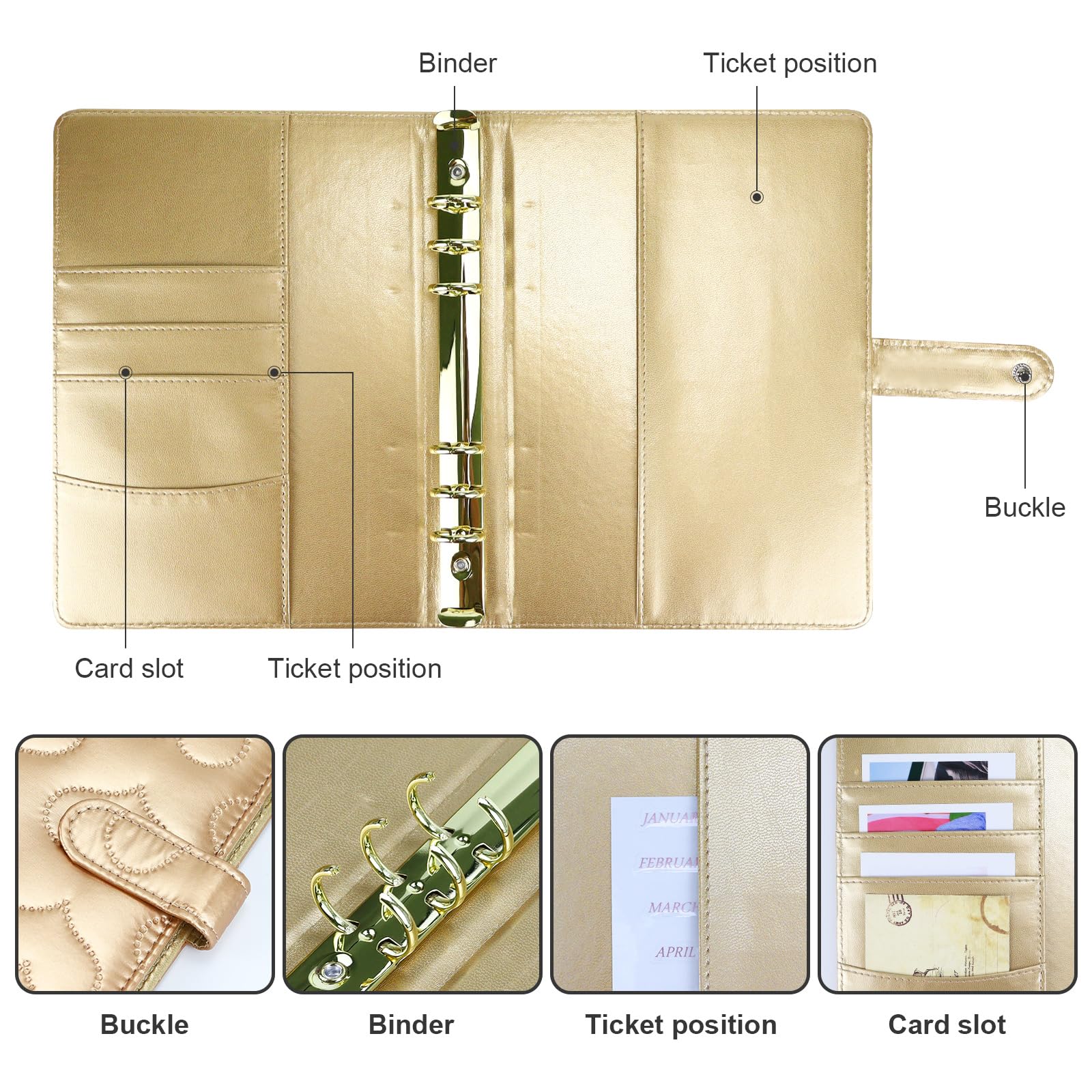 Premium A5 PU Leather Notebook Binder with 6-Ring Cotton Padding, Magnetic Buckle Closure & Gold Keychain - Refillable Planner for Budgeting, Journaling & Office Organization (Gold, A5 Size) - Perfect for Work, School & Personal Planning