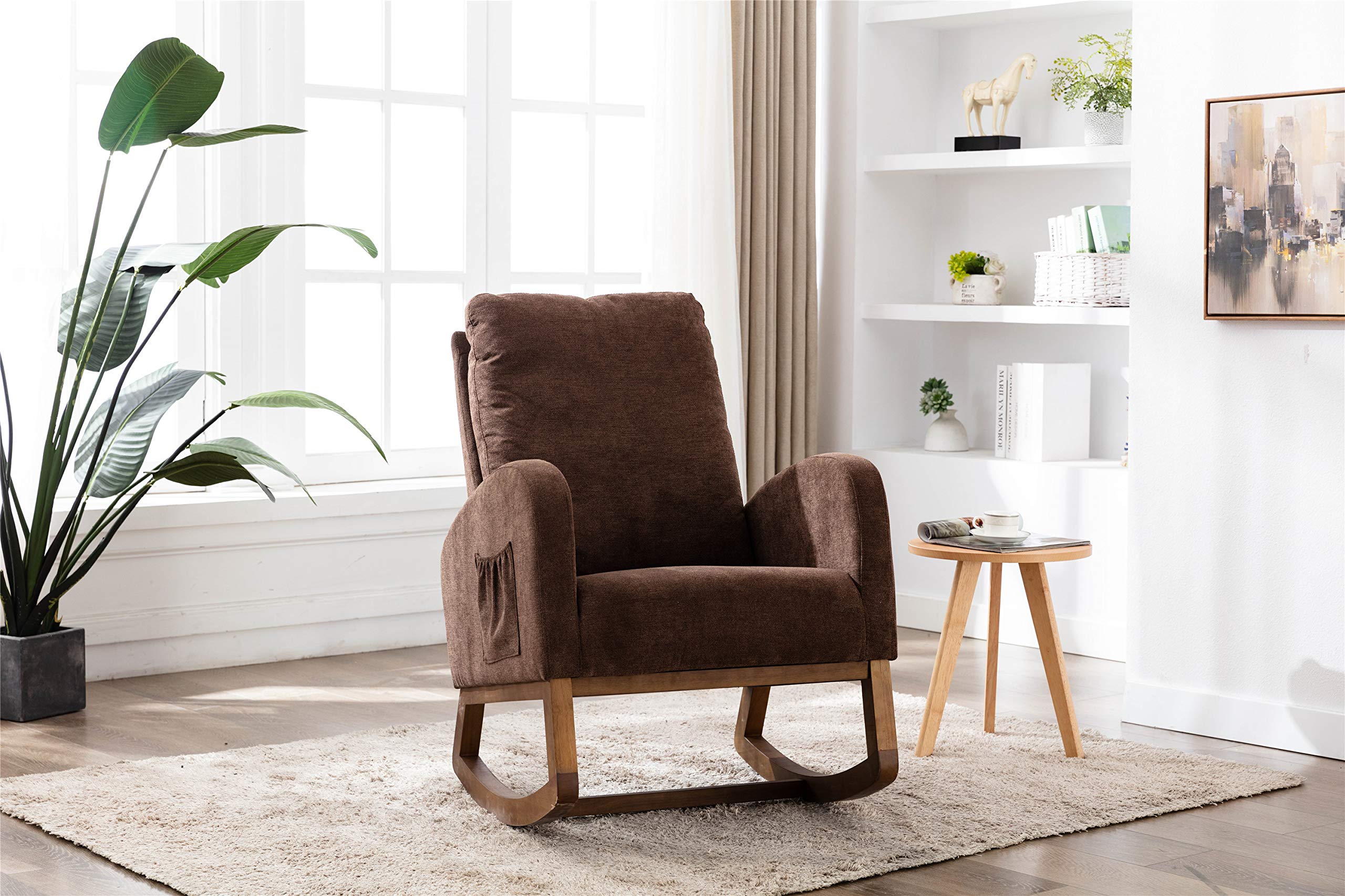Modern Nursery Rocking Chair - High Back Cushion Glider Recliner for Baby Room, Comfortable Accent Lounge Chair for Living Room, Bedroom & Nursery - Perfect for Breastfeeding, Reading & Relaxing (Coffee Brown)