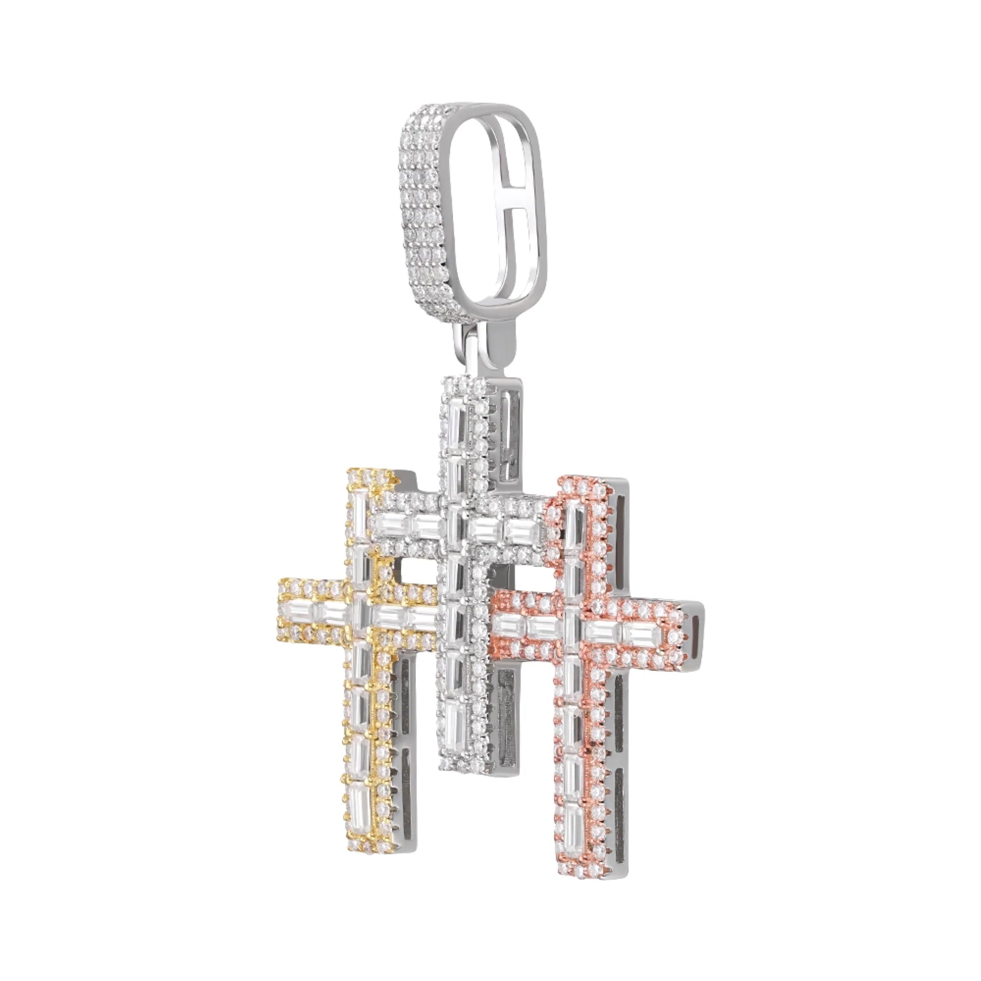 Moissanite Triple Cross Pendant Necklace in 3-Tone Gold & Rose Silver - Perfect for Gifts, Weddings & Everyday Elegance