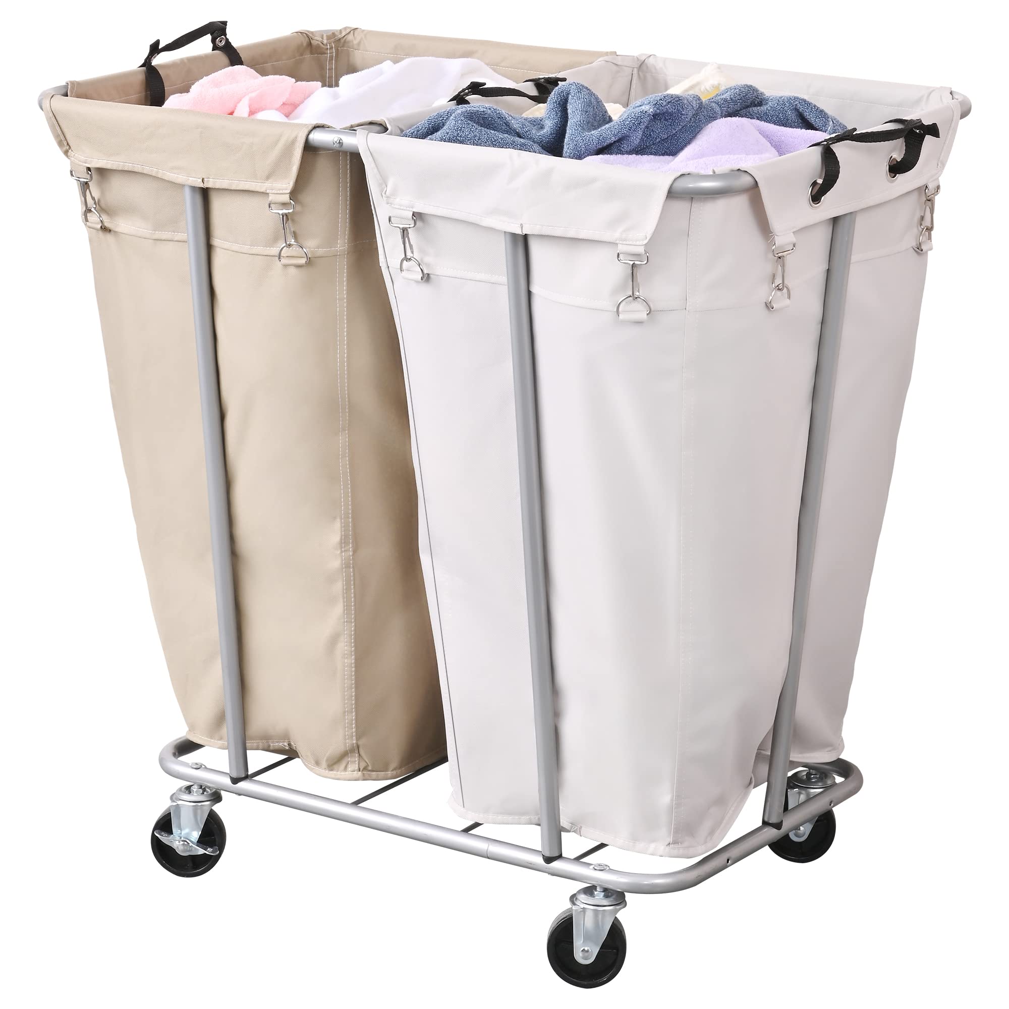 PLKOW 280L Large Rolling Laundry Cart with Wheels - 2 Section Commercial & Home Laundry Sorter with Steel Frame & Removable Bags (8 Bushel, 32.3