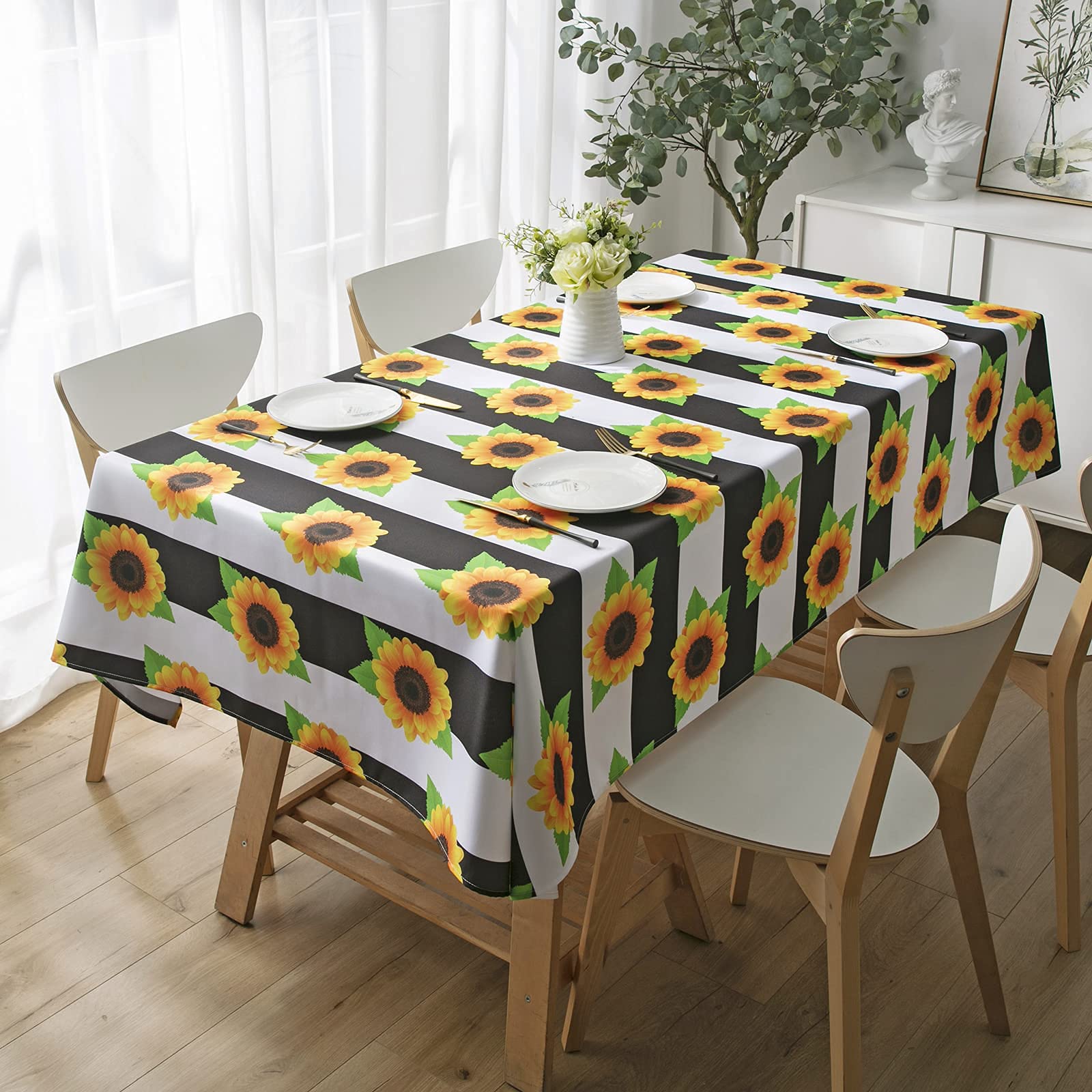 Joyfol Day Sunflower Tablecloth - Black & White Stripes Waterproof Square Table Cover with Yellow Floral Green Leaf Design (54x54 Inch) for Kitchen, Dining Room, Picnic & Outdoor Parties