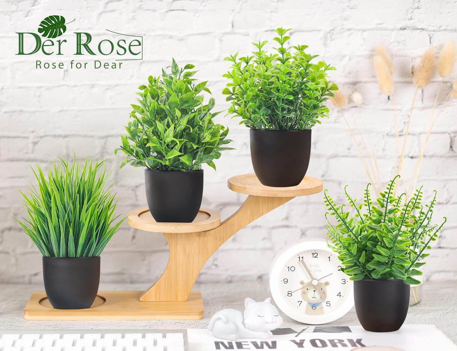 4 Pack Artificial Rose Fake Plants - Small Faux Greenery for Bathroom, Home & Office Decor - Perfect for Desk, Shelf & Indoor Spaces - Black Bathroom Accessories Set