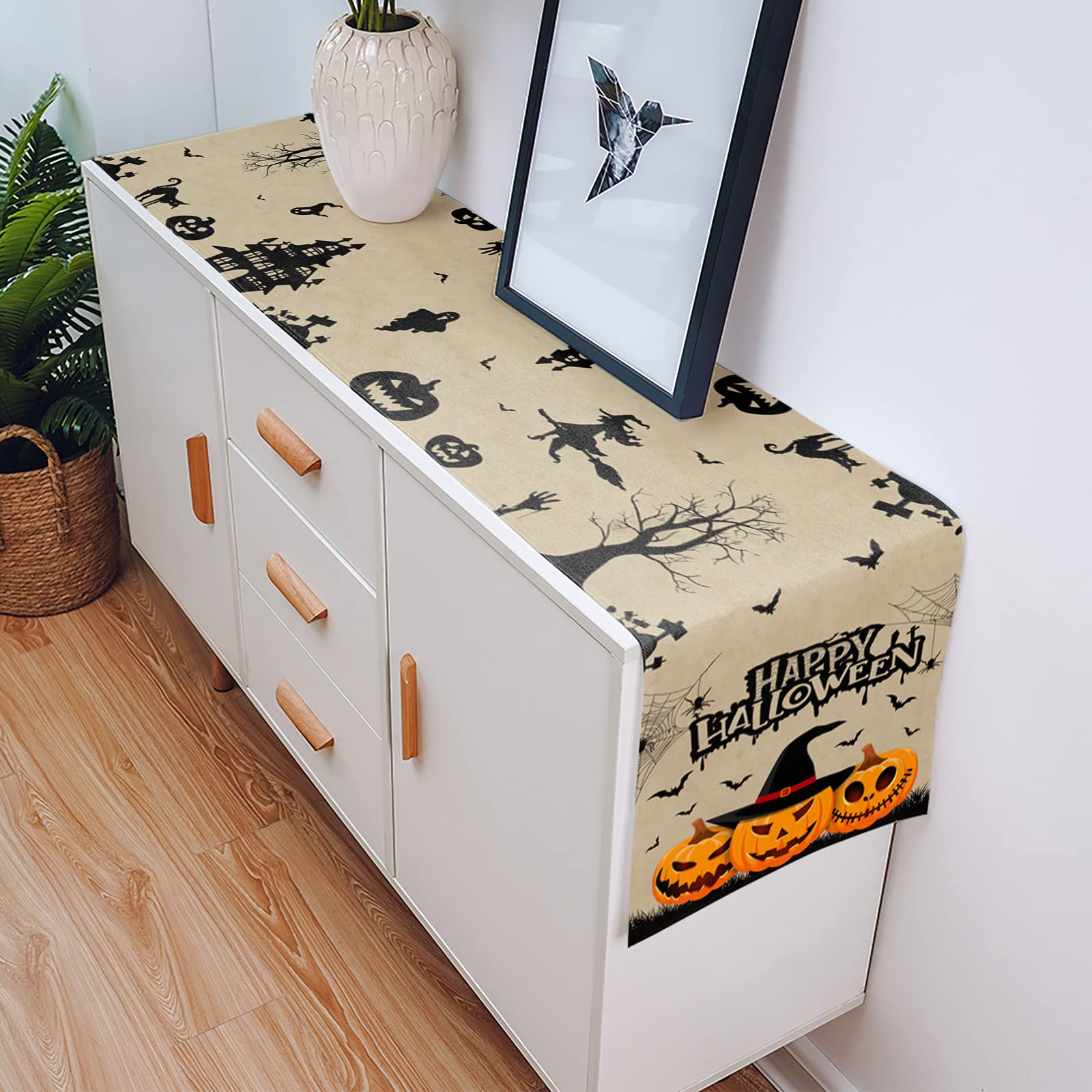 Halloween Burlap Table Runner 108 Inches - Scary Evil Pumpkins & Witches Hat Design for Spooky Decor, Kitchen, Dining & Coffee Tables - Perfect for Halloween Parties, Movie Nights & Holiday Home Decor