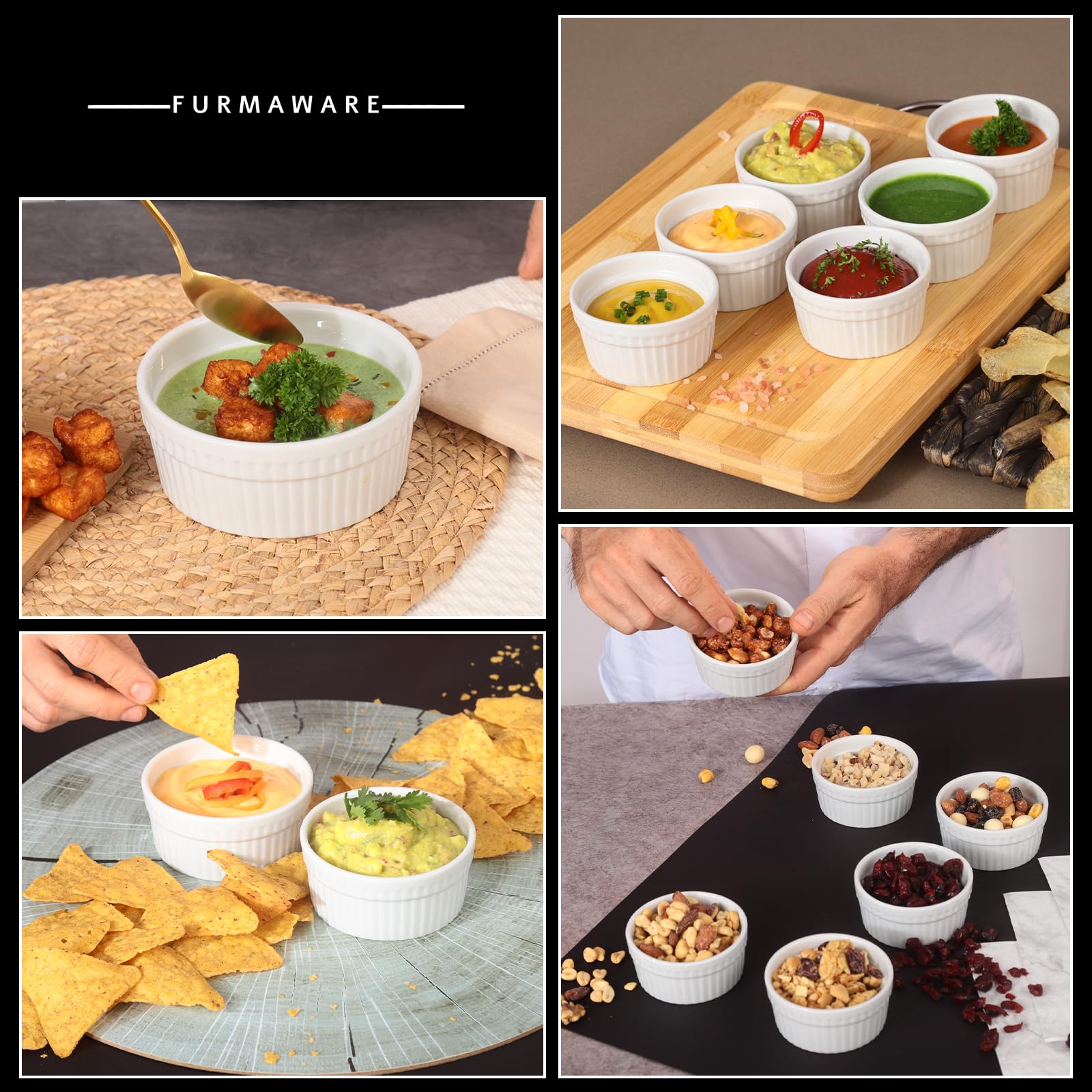 6-Piece Ceramic Ramekin Set - Non-Toxic White Porcelain Baking Cups (4 oz) - Oven & Dishwasher Safe for Desserts, Dips & Snacks - Perfect for Crème Brûlée, Soufflés & Party Appetizers