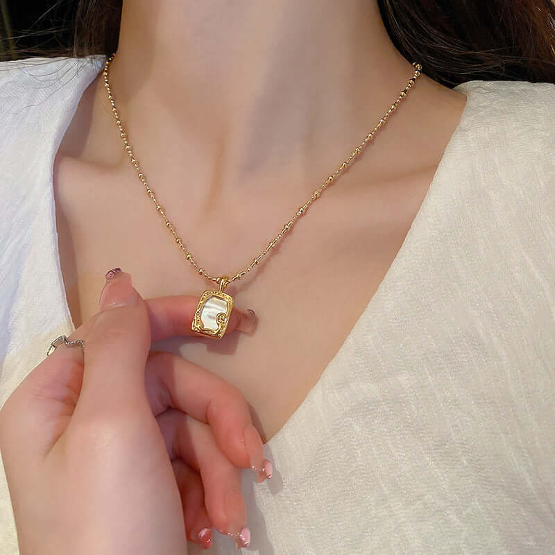 Vintage Mother of Pearl Pendant Necklace with Gold Frame | Elegant Jewelry for Women | Perfect for Weddings, Parties & Special Occasions | HN2121