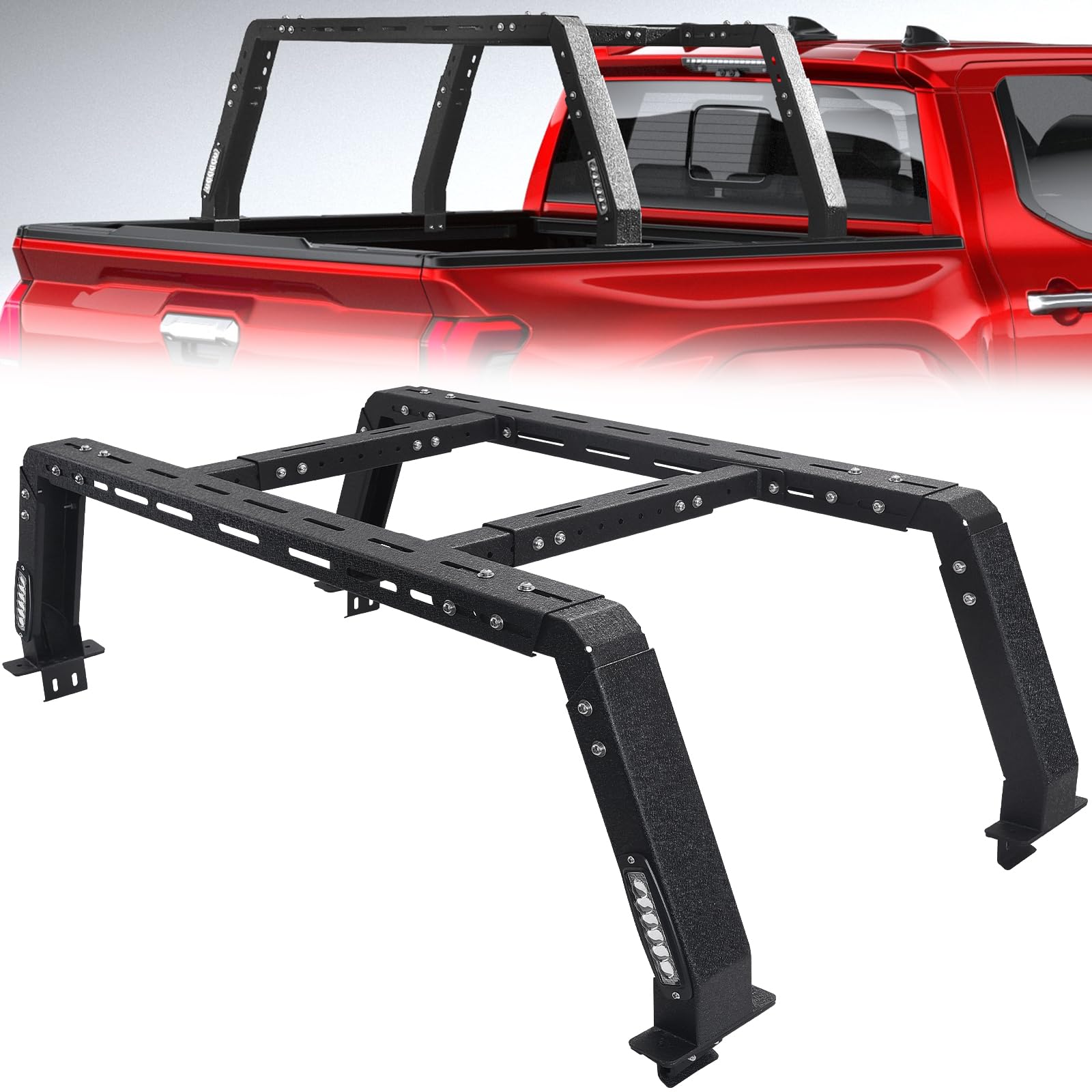 Adjustable Truck Bed Rack with LED Lights - Heavy Duty Overland Roof Rack Compatible with Ford F150, Toyota Tundra, Dodge Ram, Chevy Silverado & Nissan Titan | Ladder Rack for Pickups Without Factory Bed Rails or Tonneau Covers | Perfect for Camping, Off-Roading & Cargo Transport