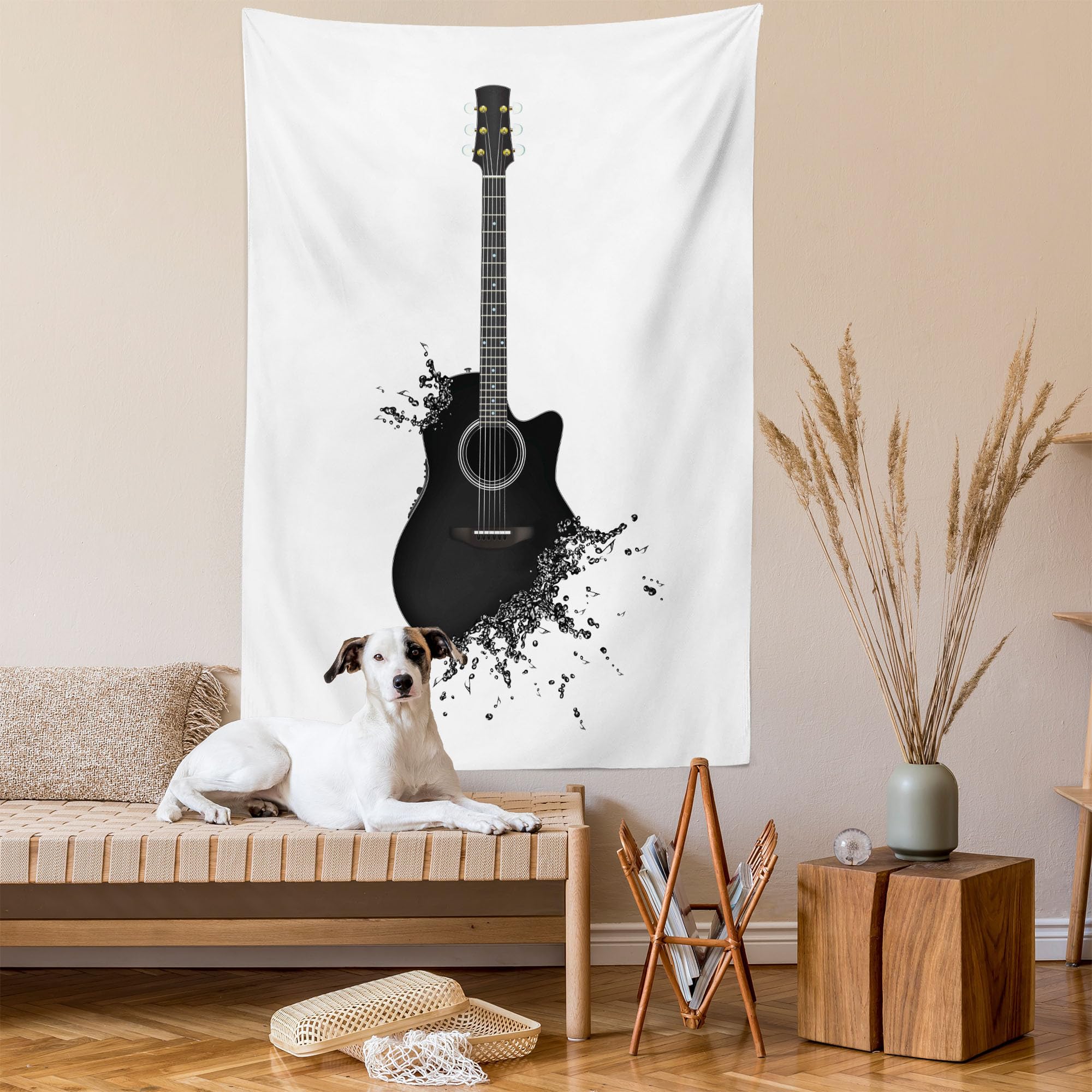 Ambesonne Guitar Wall Tapestry - 40x60 Inch Black & White Acoustic Instrument Art with String Details | Modern Music Themed Decor for Bedroom, Living Room, Dorm | Perfect for Musicians' Rooms, Studio Backdrops & Concert Theme Parties