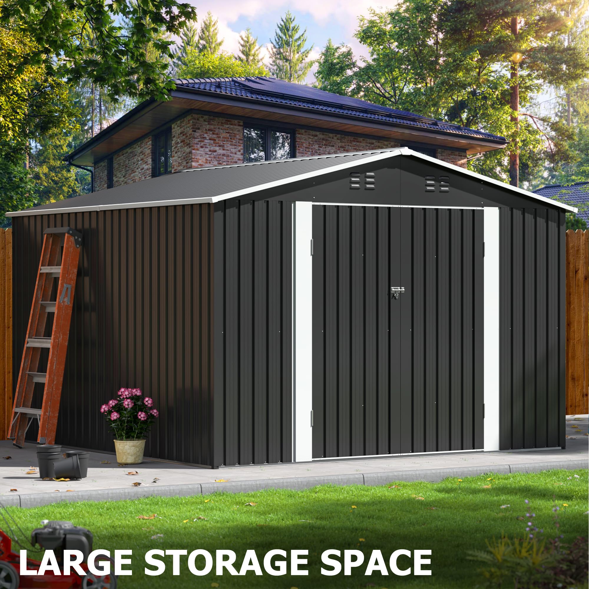 10x10 FT Outdoor Storage Shed - Heavy Duty Metal Garden Shed with Reinforced Frame & Lockable Doors - Waterproof Tool Shed for Backyard, Patio, Lawn Equipment (Grey) - Perfect for Storing Gardening Tools, Lawn Mowers & Outdoor Furniture
