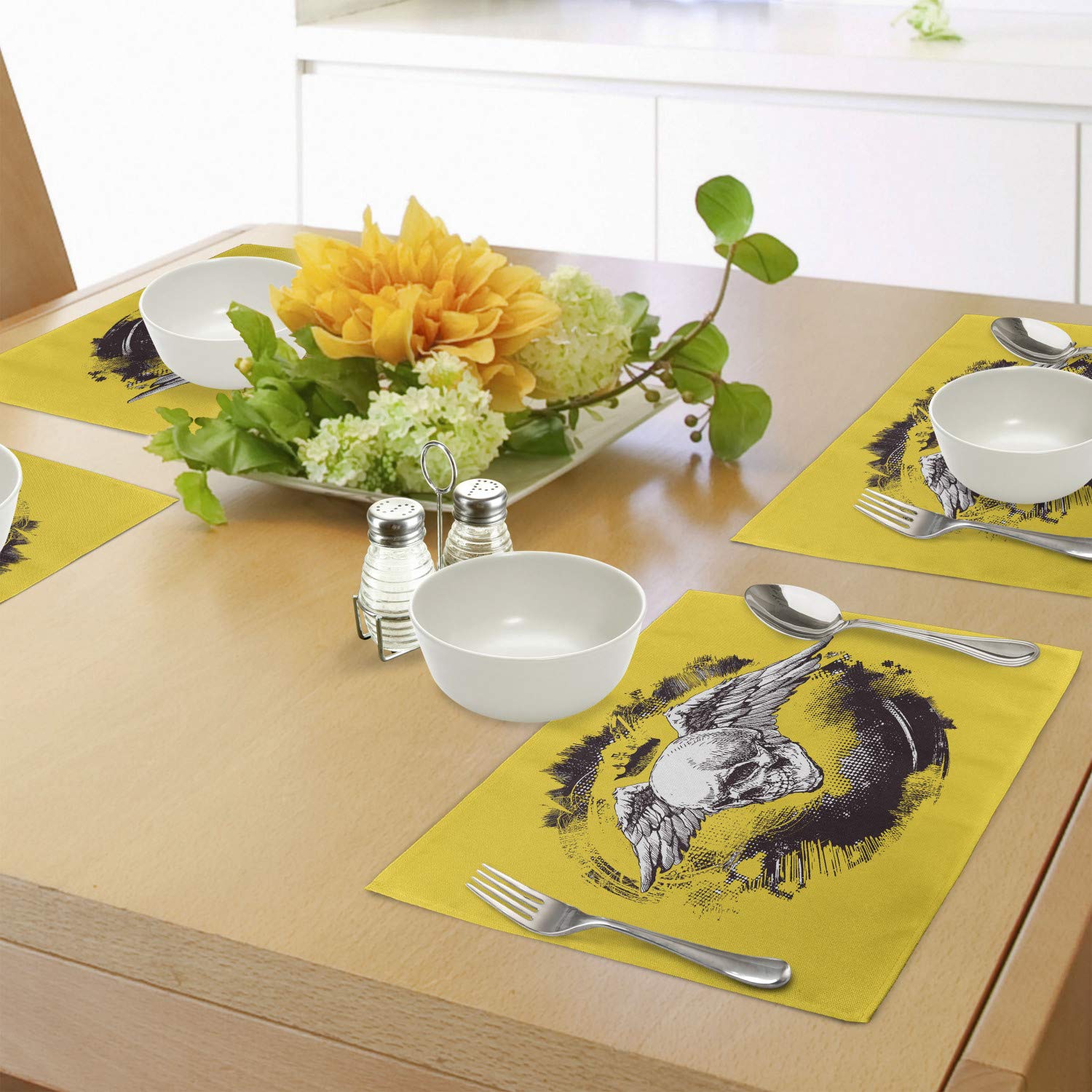 Ambesonne 4-Piece Tattoo-Themed Placemats Set - Gothic Skull with Crown & Feather Wings Design - Washable Fabric Table Mats for Dining Room & Kitchen Decor (Yellow, Black, White) - Perfect for Halloween Parties, Gothic Home Decor & Unique Gift Ideas