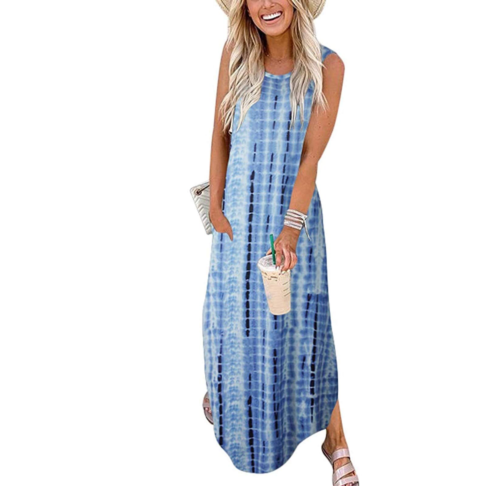 ZEFOTIM Women's Summer Casual Maxi Dresses with Pockets - Loose Fit Long Sleeveless/Sleeve Split Dress for Beach, Vacation & Outdoor Activities