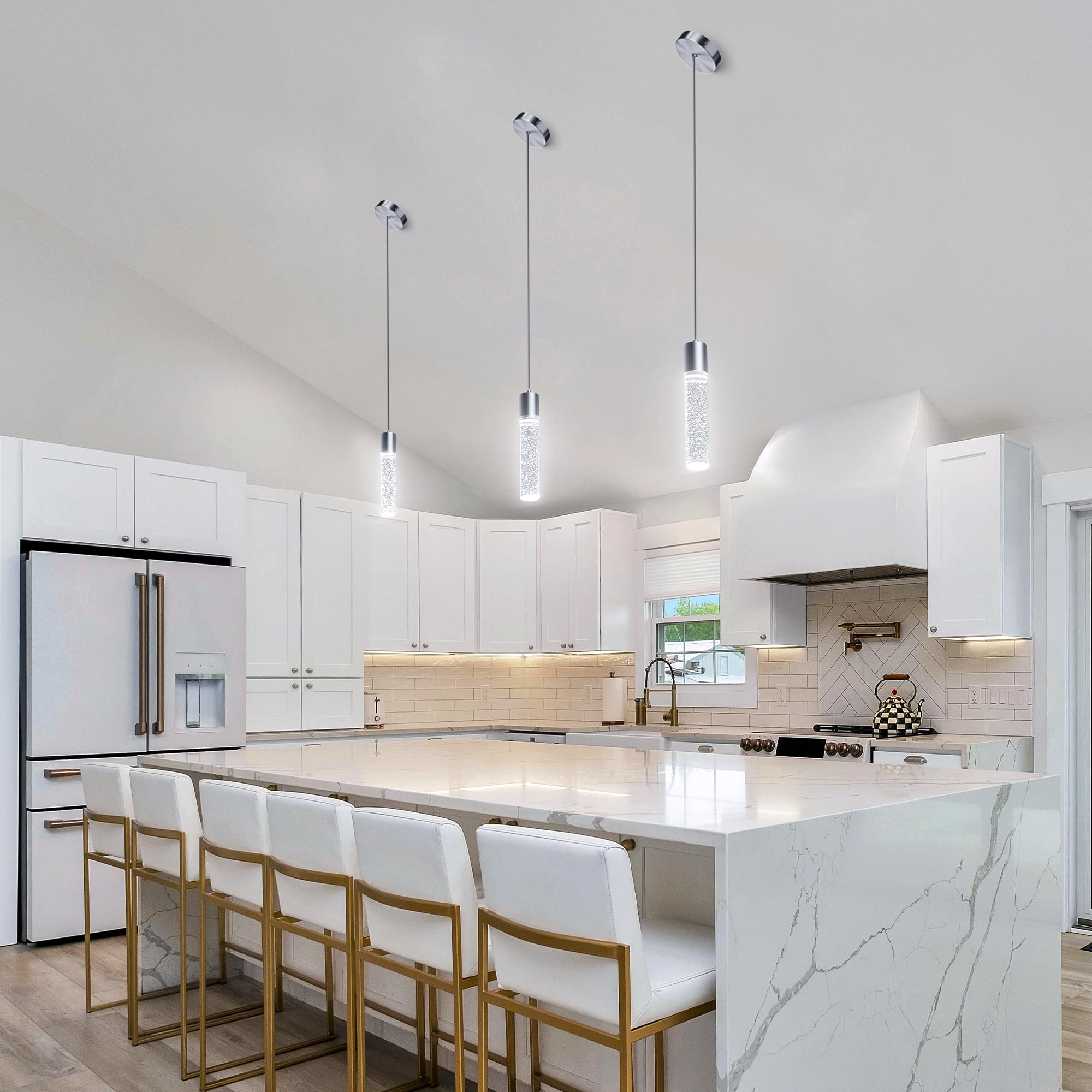 Modern Crystal Bubble Glass LED Pendant Lights for Kitchen Island - 6500K Bright White, Brushed Nickel Hanging Light Fixture (1 Pack) - Perfect for Dining Room, Bar Counter & Home Decor Lighting