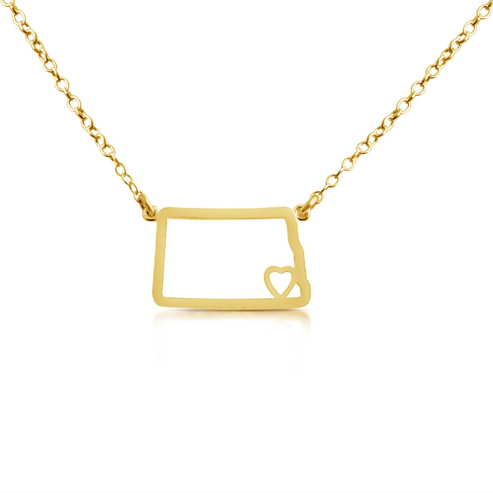 Belcho USA 14k Gold Plated 925 Sterling Silver North Dakota State Necklace - Home is Where The Heart is - Perfect for State Pride Gifts, Travel Souvenirs & Homecoming Jewelry