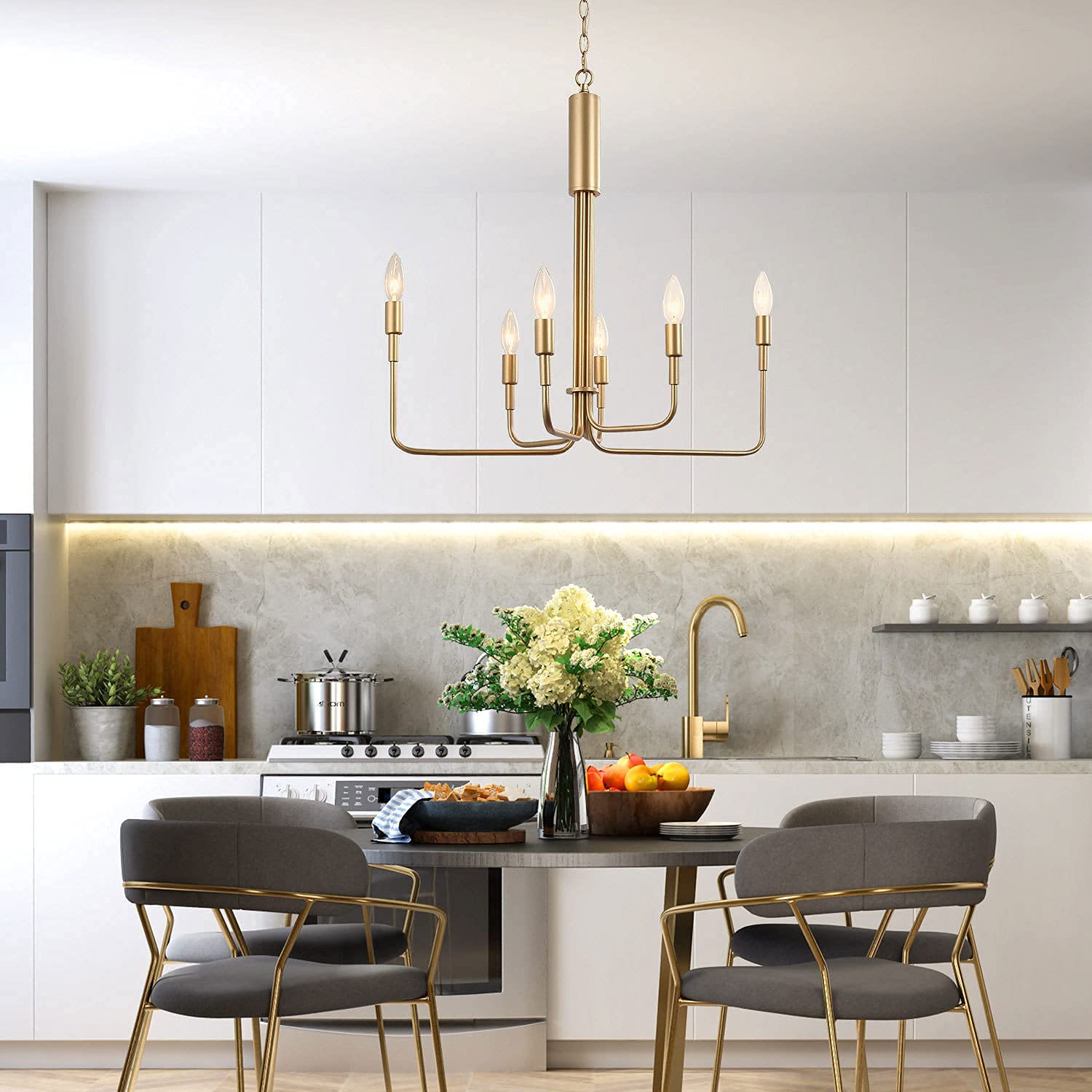 Classy Leaves Gold Chandelier - 6-Light Modern Crystal Chandelier with Adjustable Arms, 25