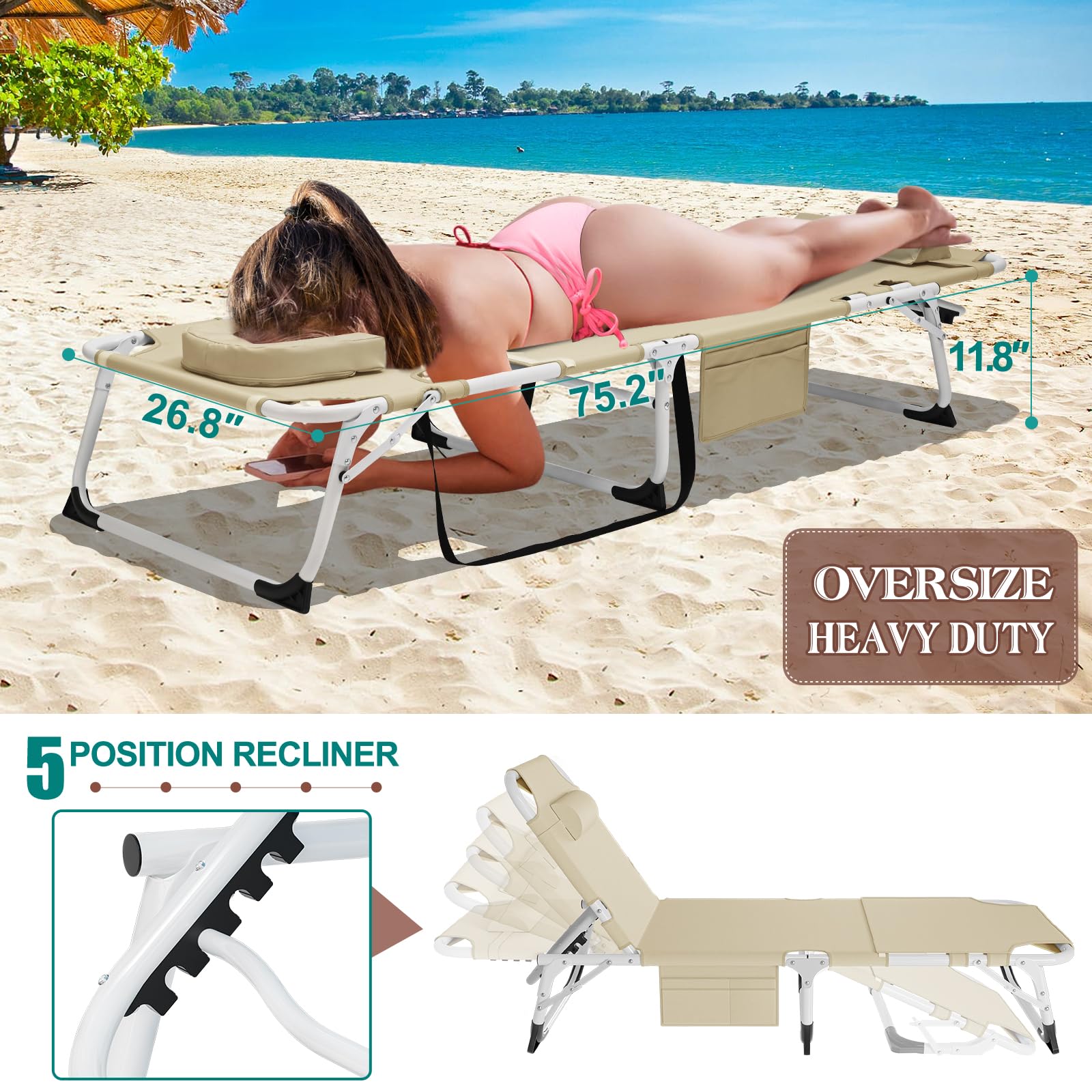 DoCred Heavy Duty Tanning Chair with Face Hole - Adjustable 5-Position Folding Chaise Lounge for Outdoor, Beach, Pool & Camping | Portable Sunbathing Chair for Backyard, Lawn & Travel | Perfect for Relaxing, Tanning & Lounging