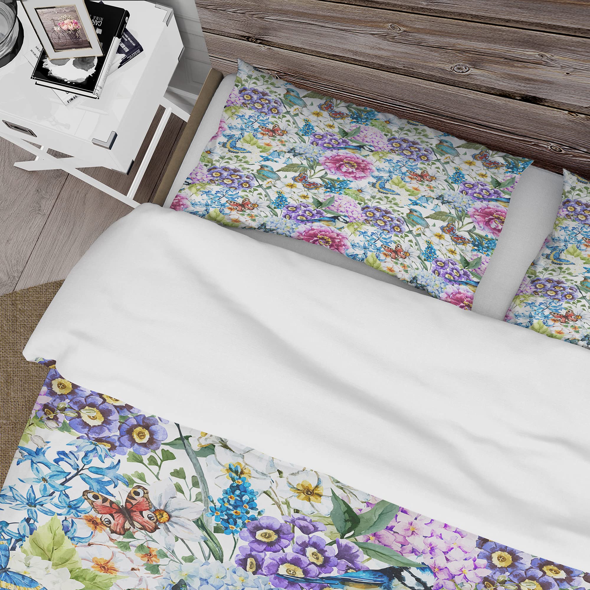 DesignQ Blue Bird & Purple Floral Duvet Cover Set - Queen Size Bedding with Matching Pillowcases, Soft & Breathable Cotton for Cozy Bedroom Decor
