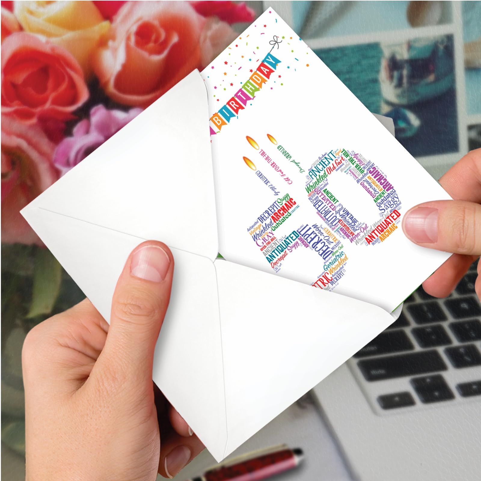 Funny 50th Birthday Card - Milestone 50 Years Celebration Notecard with Envelope - Humorous Word Cloud Design C3249MBG - Perfect for Husband, Wife, Friend & Coworker Birthday Gifts