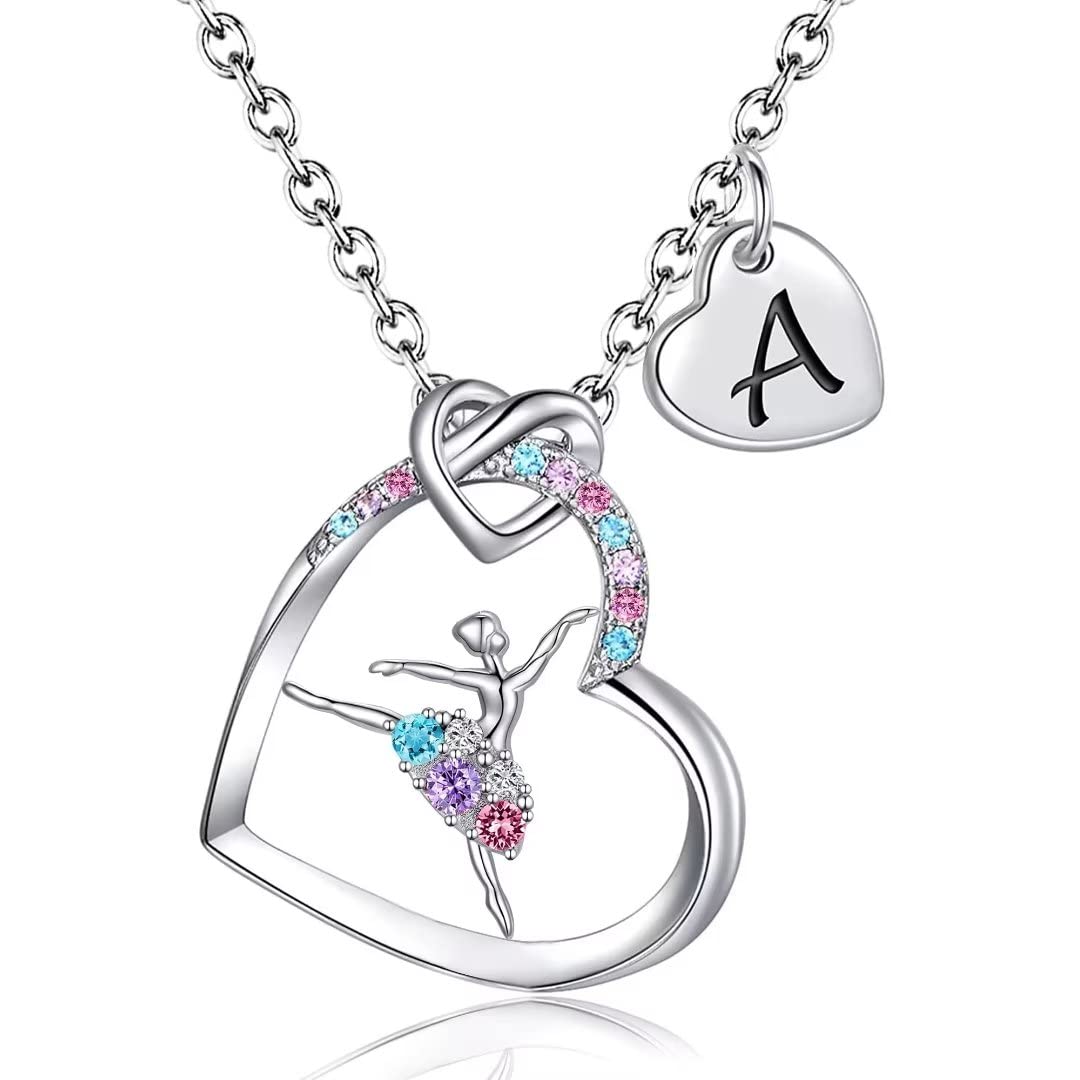 Ballerina Necklace for Girls - Colorful CZ Heart Pendant with Initial Letter, Rainbow Dance Jewelry Gift for Teens & Women | Perfect for Ballet Performances, Birthdays & Special Occasions