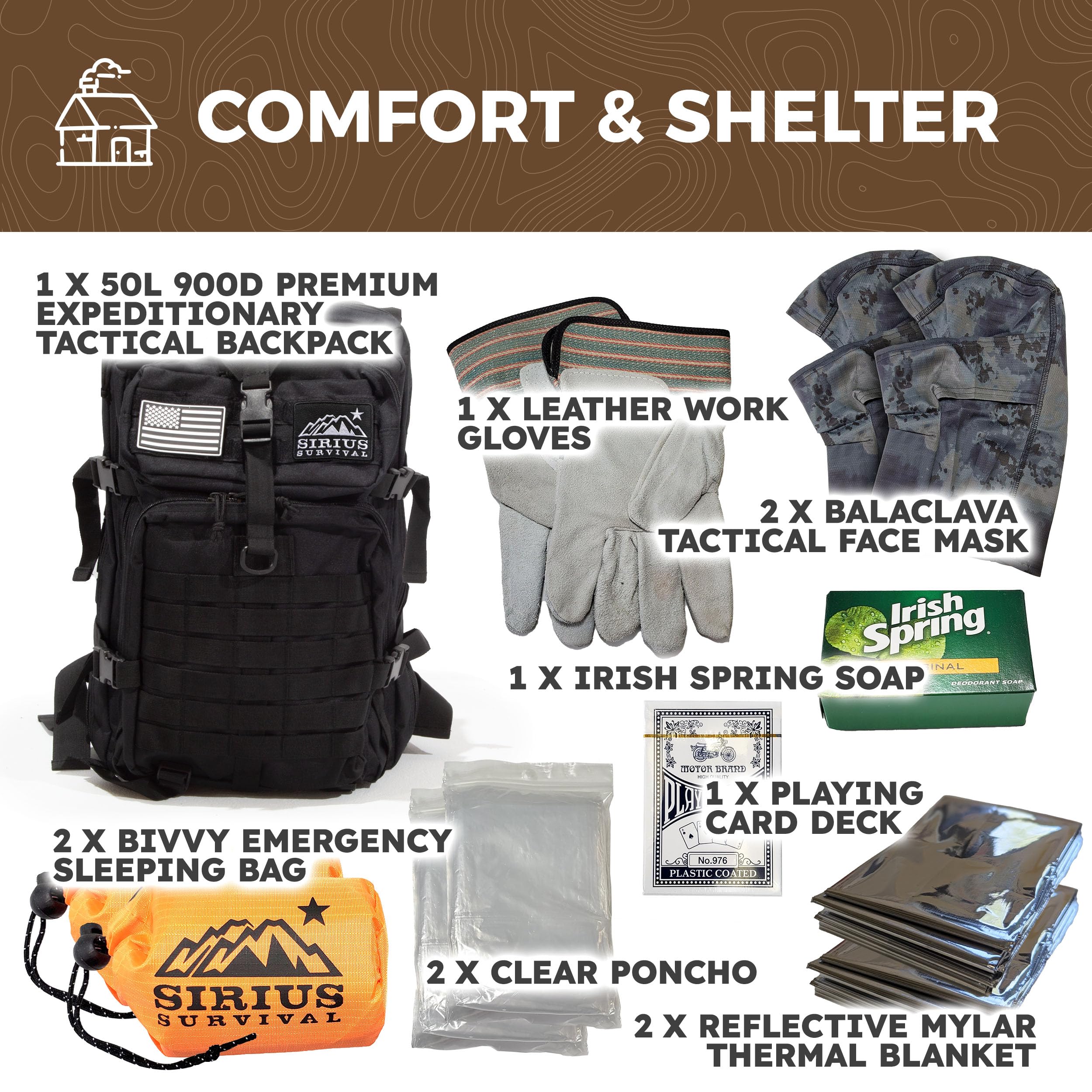 Sirius Premium 50L Tactical Bug Out Backpack - 72 Hour Survival Kit for 2 People - Emergency Go Bag with Essential Gear - Perfect for Outdoor Adventures, Camping & Disaster Preparedness