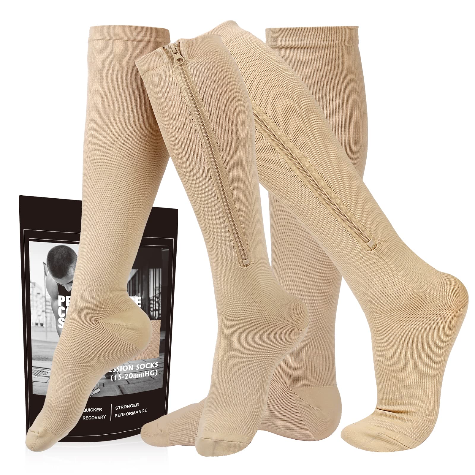 CERPITE 15-20mmHg Compression Socks for Men & Women - 2 Pairs Knee High Closed Toe Zipper Support Socks for Running, Travel, Nursing & Varicose Vein Relief