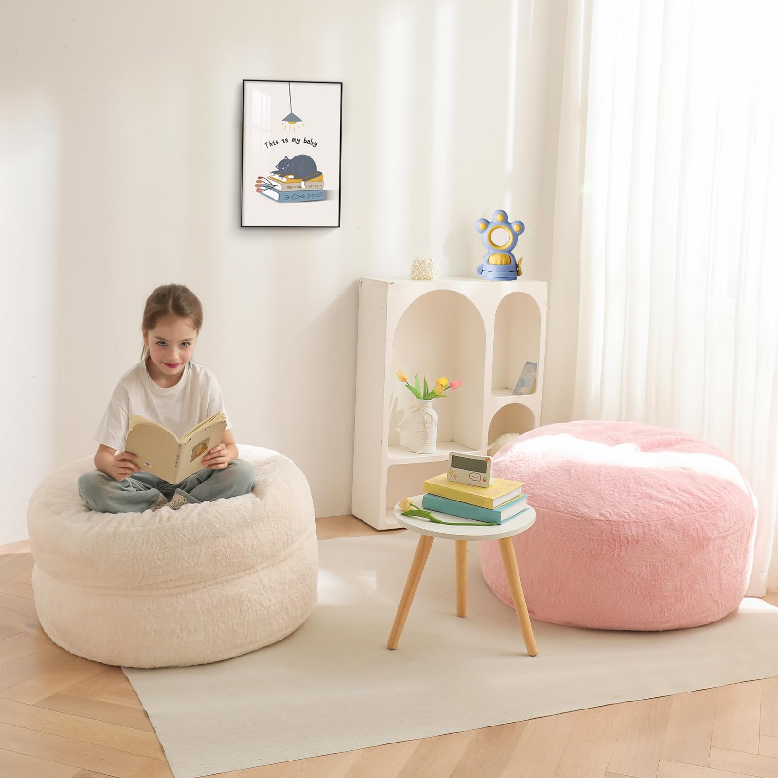 MAXYOYO Kids Bean Bag Chair Bed - Convertible Lazy Chair to Floor Mattress (Beige) | Perfect for Playroom, Bedroom & Dorm Room Relaxation