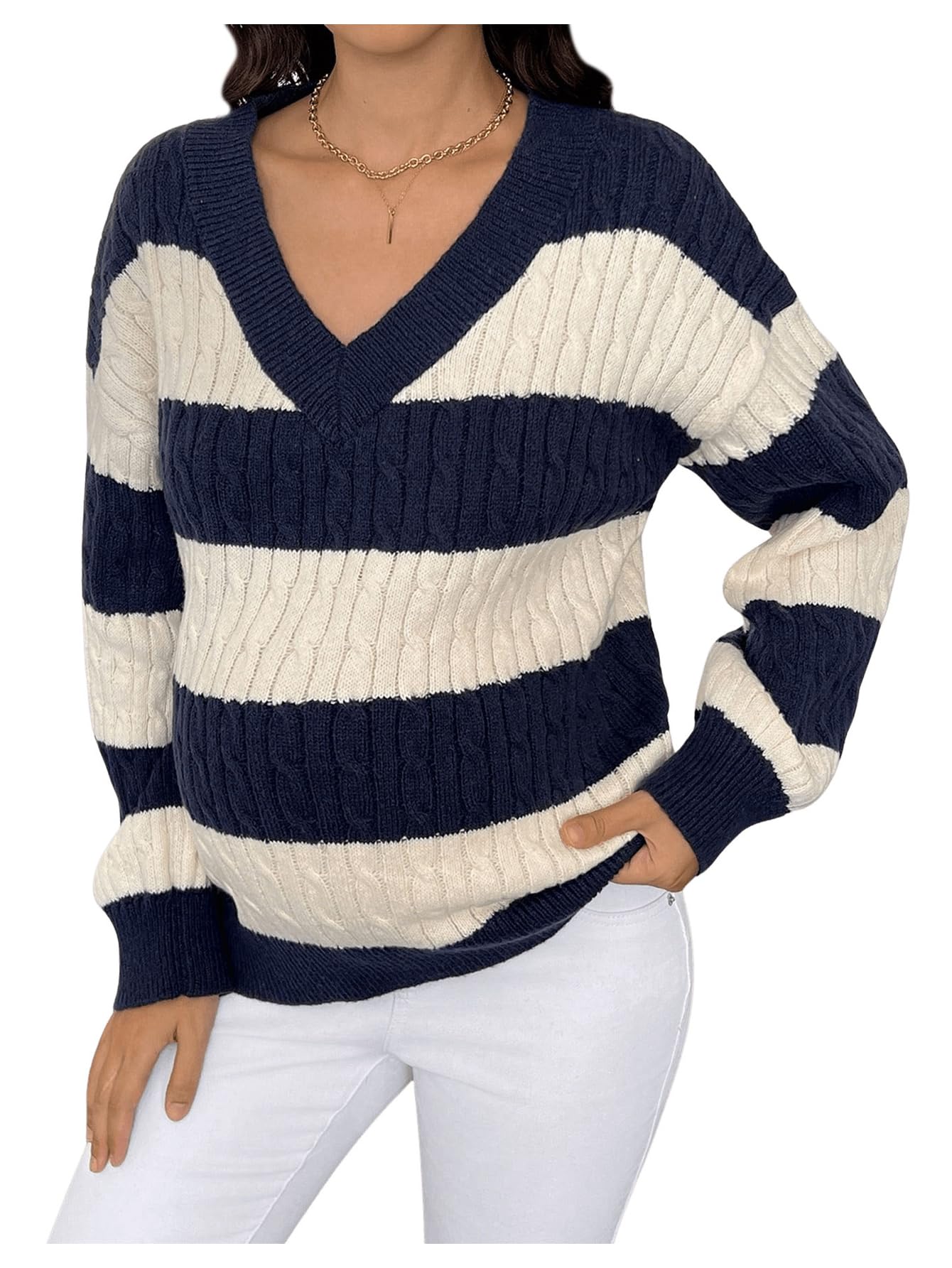 Stylish Women's Maternity Sweater - Striped Cable Knit V-Neck Long Sleeve Pregnancy Top for Comfort & Fashion | Perfect for Office, Casual Outings & Maternity Photos