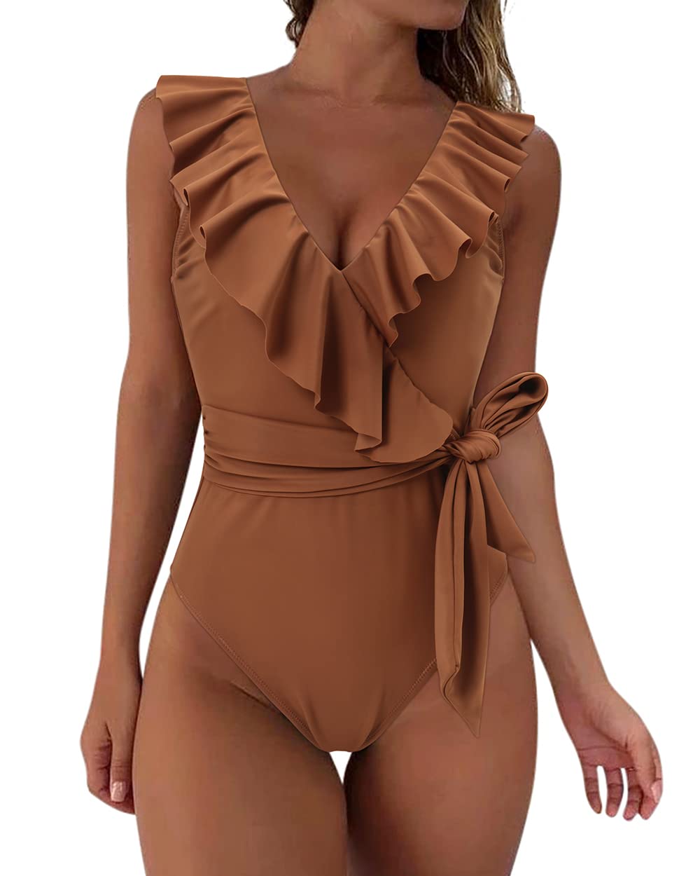 SUUKSESS Women's V-Neck Ruffle One Piece Swimsuit with Slimming Belt - Sexy Bathing Suit for Beach, Pool & Vacation