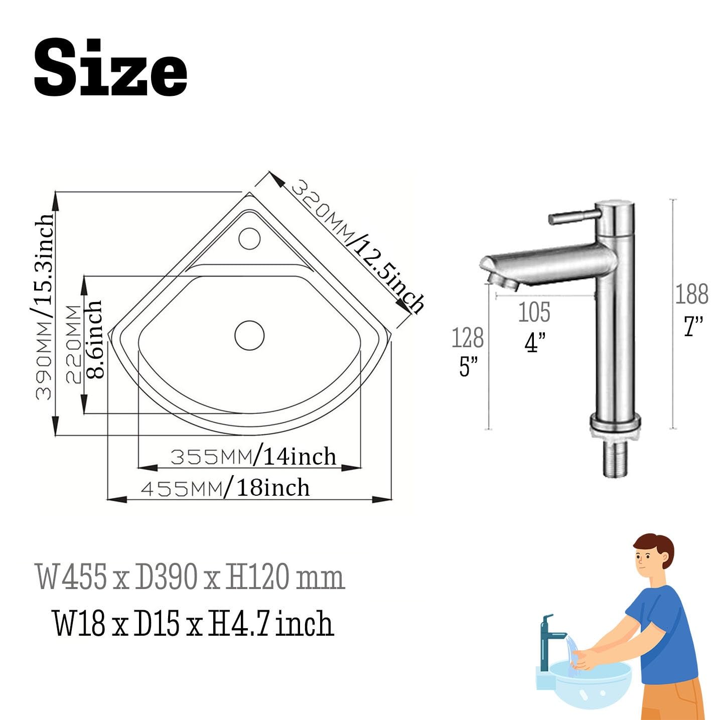 Stainless Steel Wall Mounted Bathroom Sink - 304 Single Bowl Corner Vanity Sink with Faucet, Drain & Towel Bar - Perfect for Small Bathrooms, Powder Rooms & RV Wash Basins