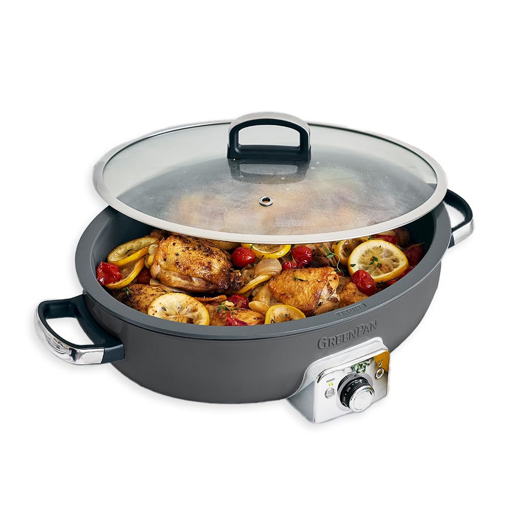 GreenPan Elite 5.5QT Electric Oval Skillet - PFAS-Free Ceramic Nonstick Cookware, 1800W Multi-Cooker with Adjustable Temperature Control, Dishwasher Safe Lid & Removable Pot - Perfect for Searing, Sautéing, Cooking Rice, Stir-Frying - Ideal for Family Dinners, Meal Prep & Healthy Cooking