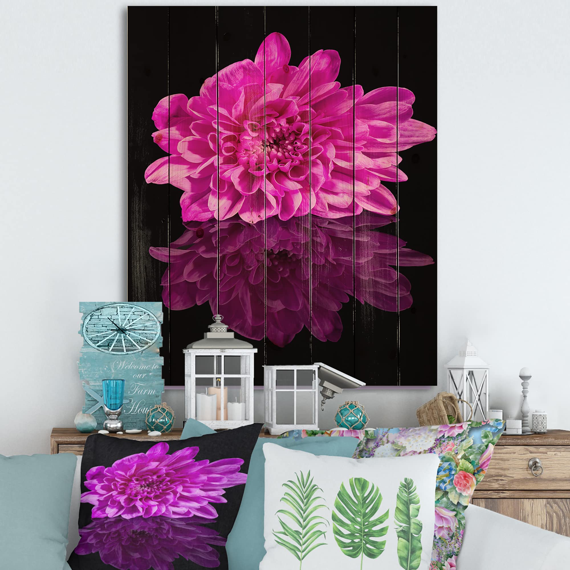 DesignQ Single Chrysanthemum Flower Wood Wall Art - Traditional Black Reflection Floral Decor, Large Purple Pine Wood Panel for Living Room, Bedroom & Office Decoration