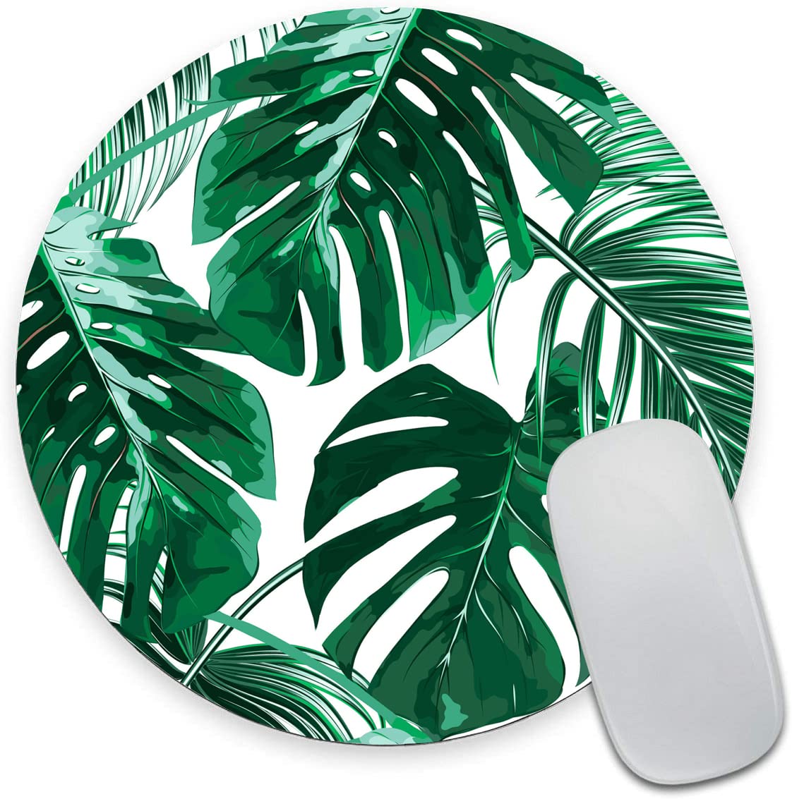 Premium Green Tropical Leaves Round Mouse Pad - Non-Slip Rubber Base, Washable Lycra Fabric, Ergonomic Desk Mat for Wireless Mouse - Perfect for Office, Gaming & Home Computer Setup