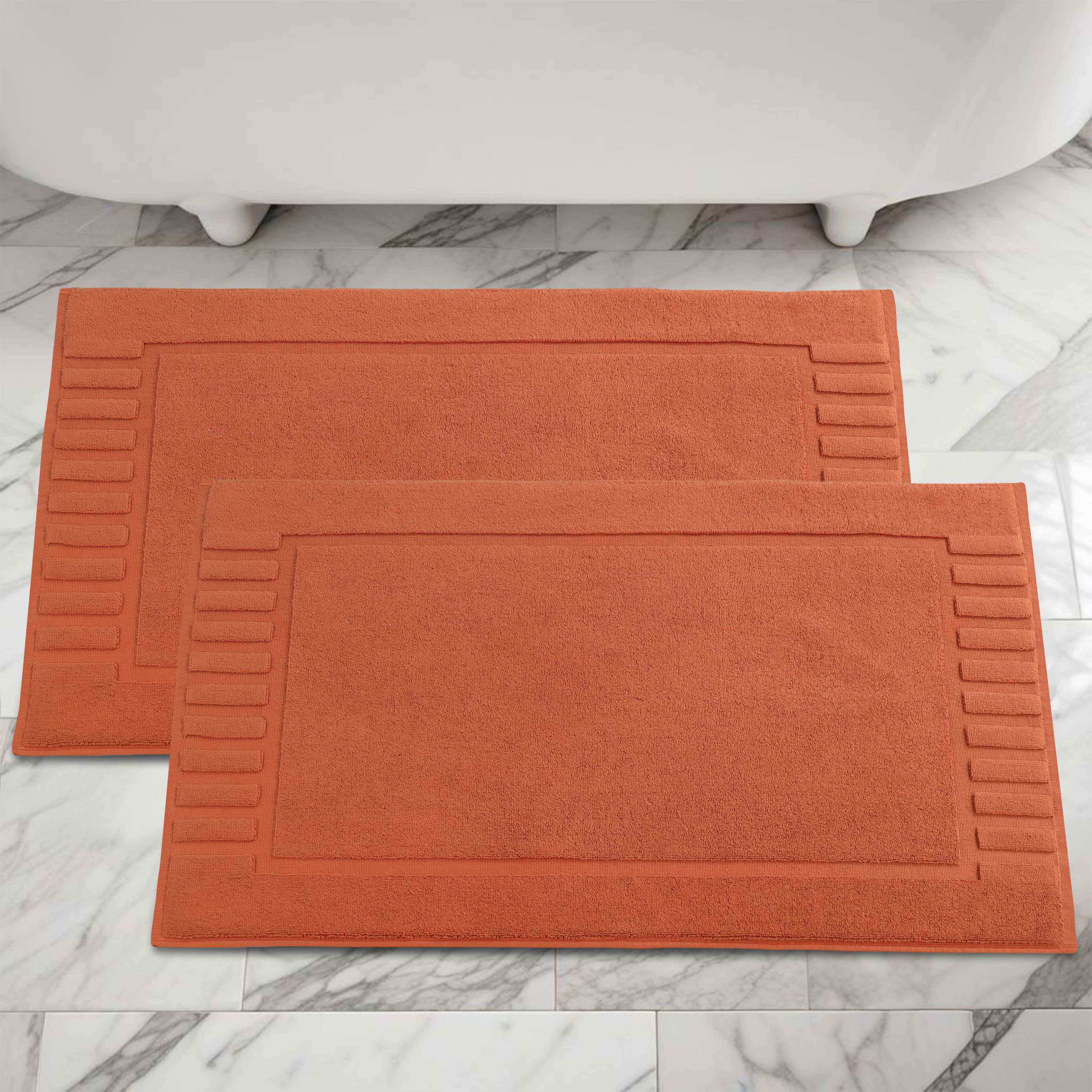Premium Cotton Modern Geometric Border Bath Mat Set of 2 - Ultra Absorbent, Non-Slip, Quick Dry Bathroom Rug for Bath, Shower & Vanity Area