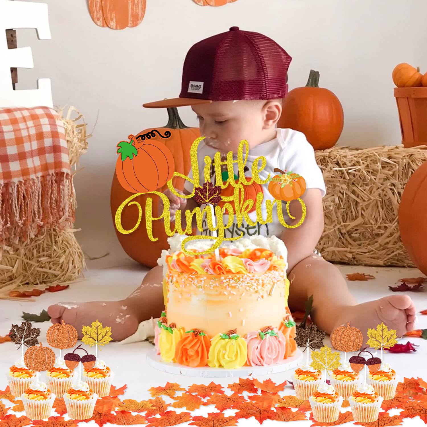 K KUMEED Fall Party Decorations - Little Pumpkin Banner, Maple Leaves Cake Topper & Latex Balloons for Baby Shower, Birthday, Thanksgiving | Autumn Theme Party Supplies for Home & Outdoor Decor