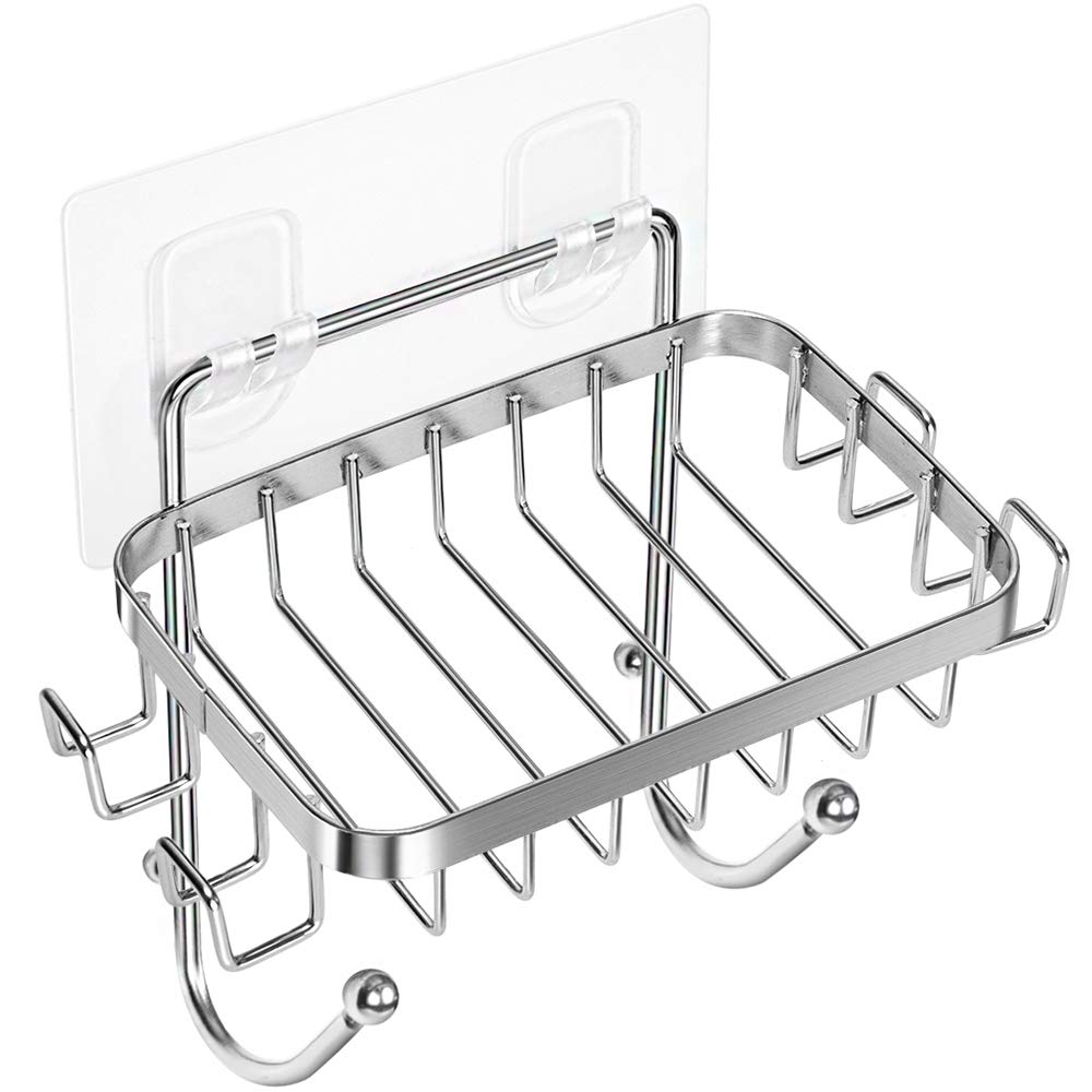 ODesign Adhesive Wall Mounted Soap Dish Holder with 6 Hooks - Loofah, Bath Sponge, Towel & Razor Organizer for Bathroom, Shower & Kitchen - No Drilling Required (Silver, 1 Pack) - Perfect for Small Space Organization & Clutter-Free Showers