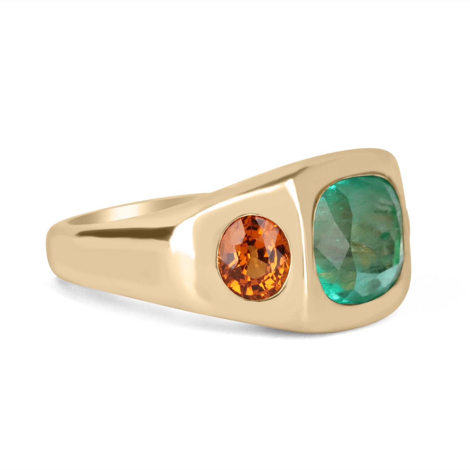 7.05tcw 14K Gold Three Stone Cushion Cut Emerald & Oval Orange Sapphire Gypsy Ring for Women – Elegant Vintage Jewelry for Engagement, Wedding & Special Occasions