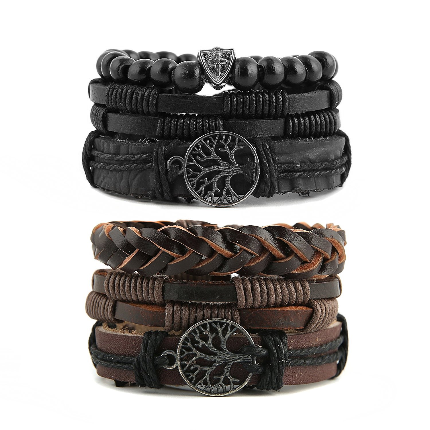 HZMAN Genuine Leather Tree of Life Bracelet for Men & Women - Tiger Eye Natural Stone & Lava Rock Beads Elastic Ethnic Tribal Wristband - Perfect for Yoga, Meditation, Boho Fashion & Everyday Wear