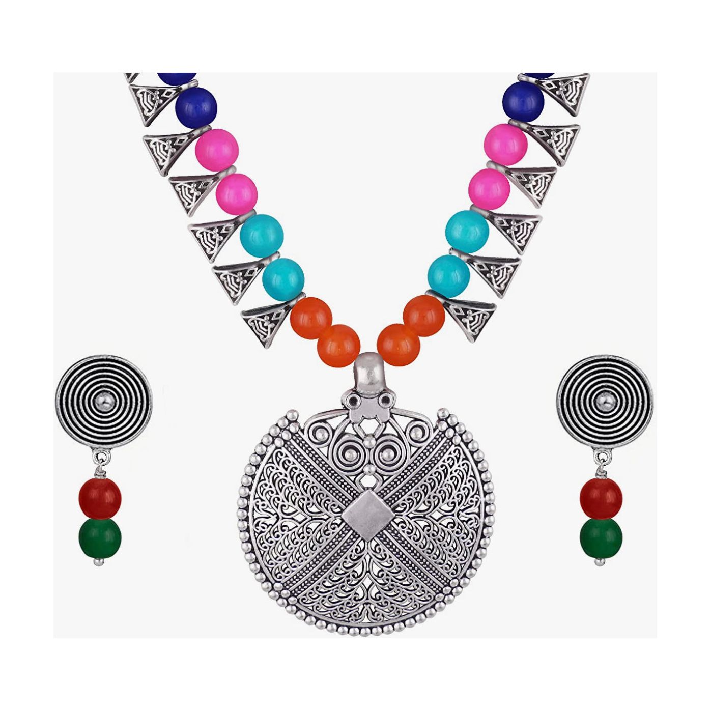 German Silver Oxidized Beaded Choker Necklace Set - Adjustable Thread for Boho, Vintage & Festival Jewelry - Perfect for Parties, Weddings & Everyday Wear