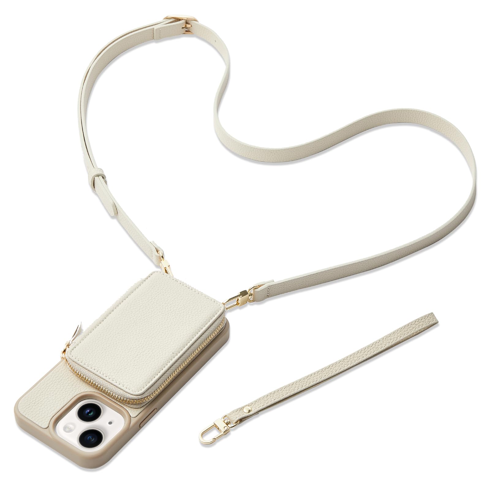 ZVE RFID Blocking Wallet Case for iPhone 13 (6.1 inch) - Crossbody Zipper Phone Purse with Card Holder & Wrist Strap for Women | Perfect for Travel, Shopping & Daily Use (Beige)