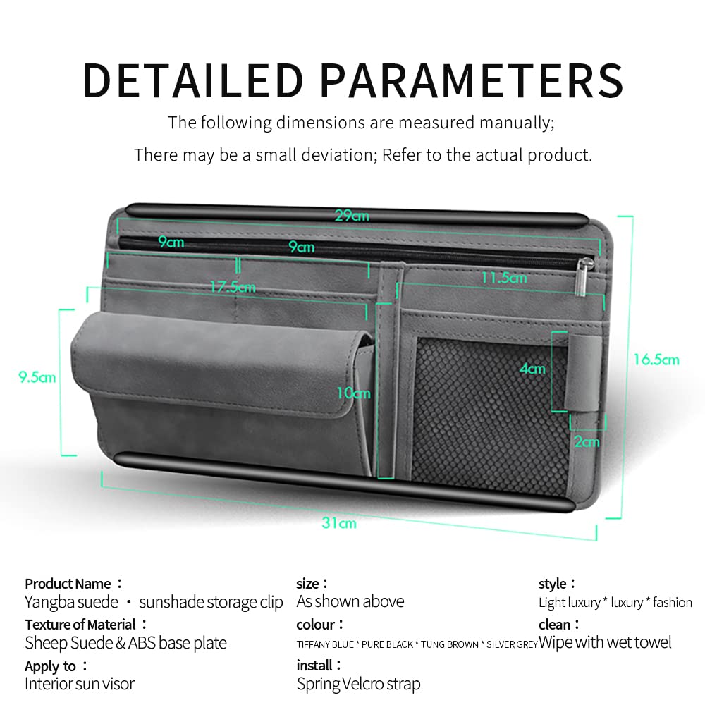 Premium Car Sun Visor Organizer - Suede Zipper Storage Bag for Glasses, Cards & Notes | Universal Fit Vehicle Accessory | Perfect for Road Trips, Commuting & Organization (Gray)