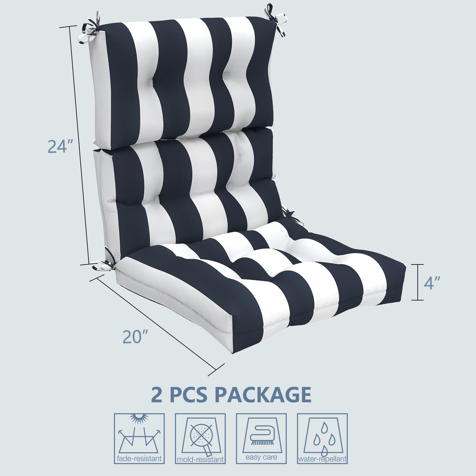 **LVTXIII 2-Pack Outdoor High Back Cushions – Tufted Patio Seat & Back Chair Cushions with Ties, Water-Resistant Replacement Pads for Outdoor Furniture (44”L x 22”W, Set of 2, Cabana Navy) – Perfect for Poolside Lounging, Garden Chairs & Patio Decor**