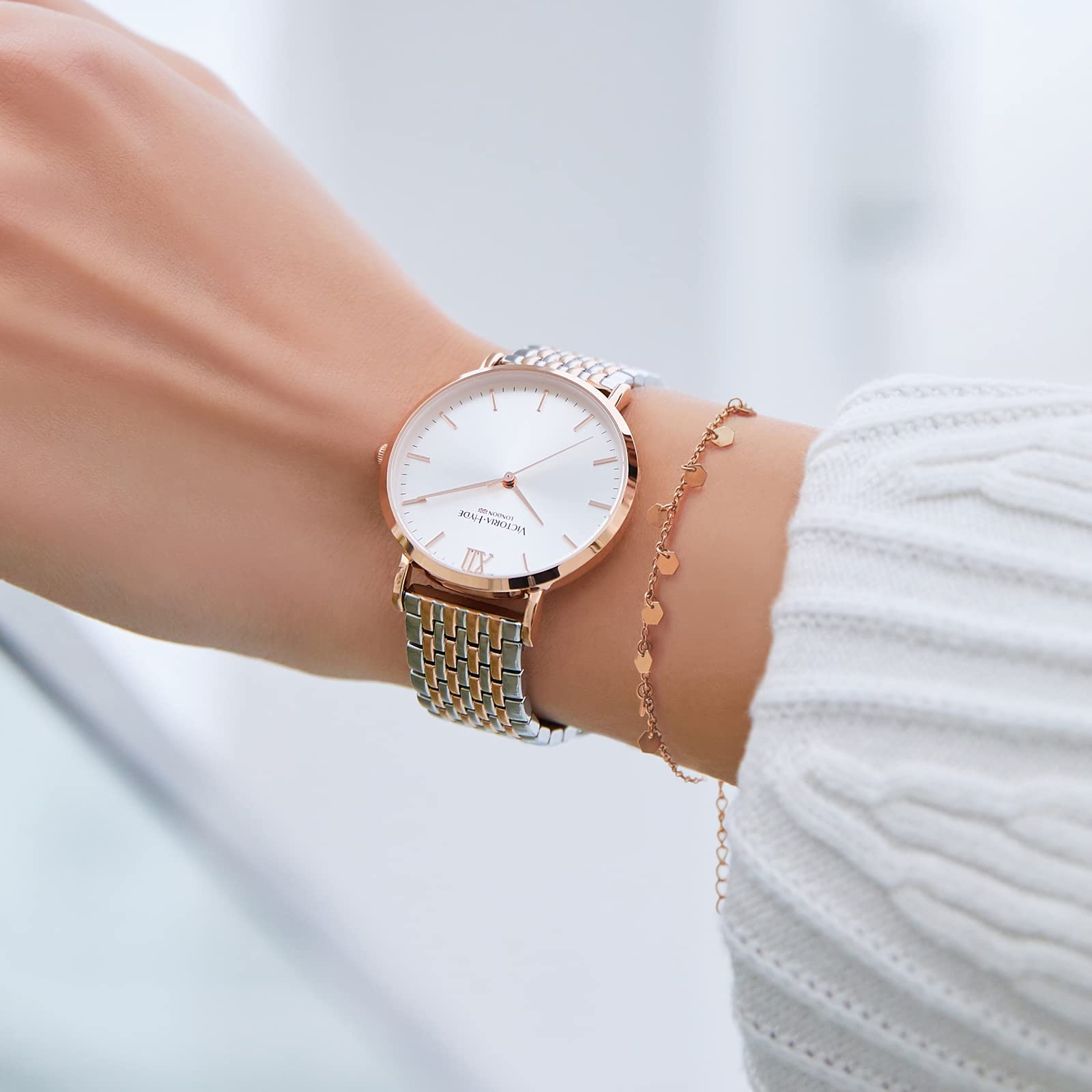 VICTORIA HYDE Women's Two-Tone Watch - Silver & Rose Gold Stainless Steel Ladies Watch for Large Wrist | Perfect for Office, Party & Everyday Wear