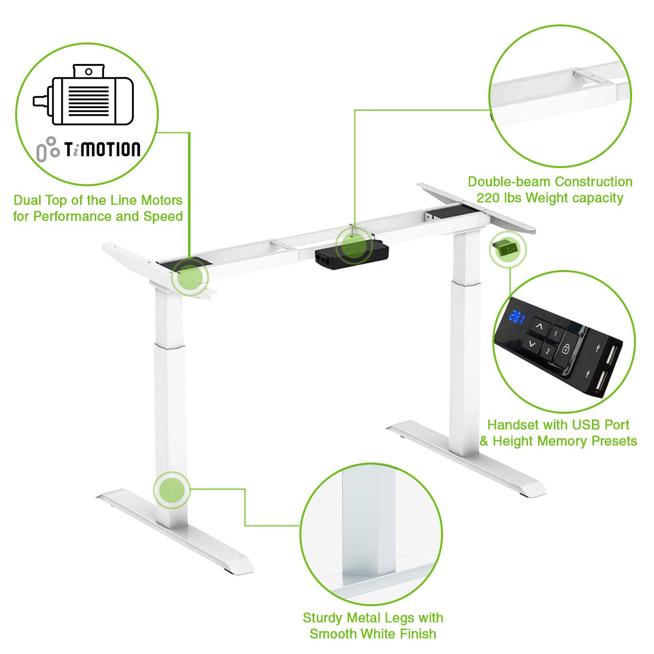 Adjustable Electric Standing Desk Frame with Dual Motors, USB Charging Port - Supports 220 lbs, 47
