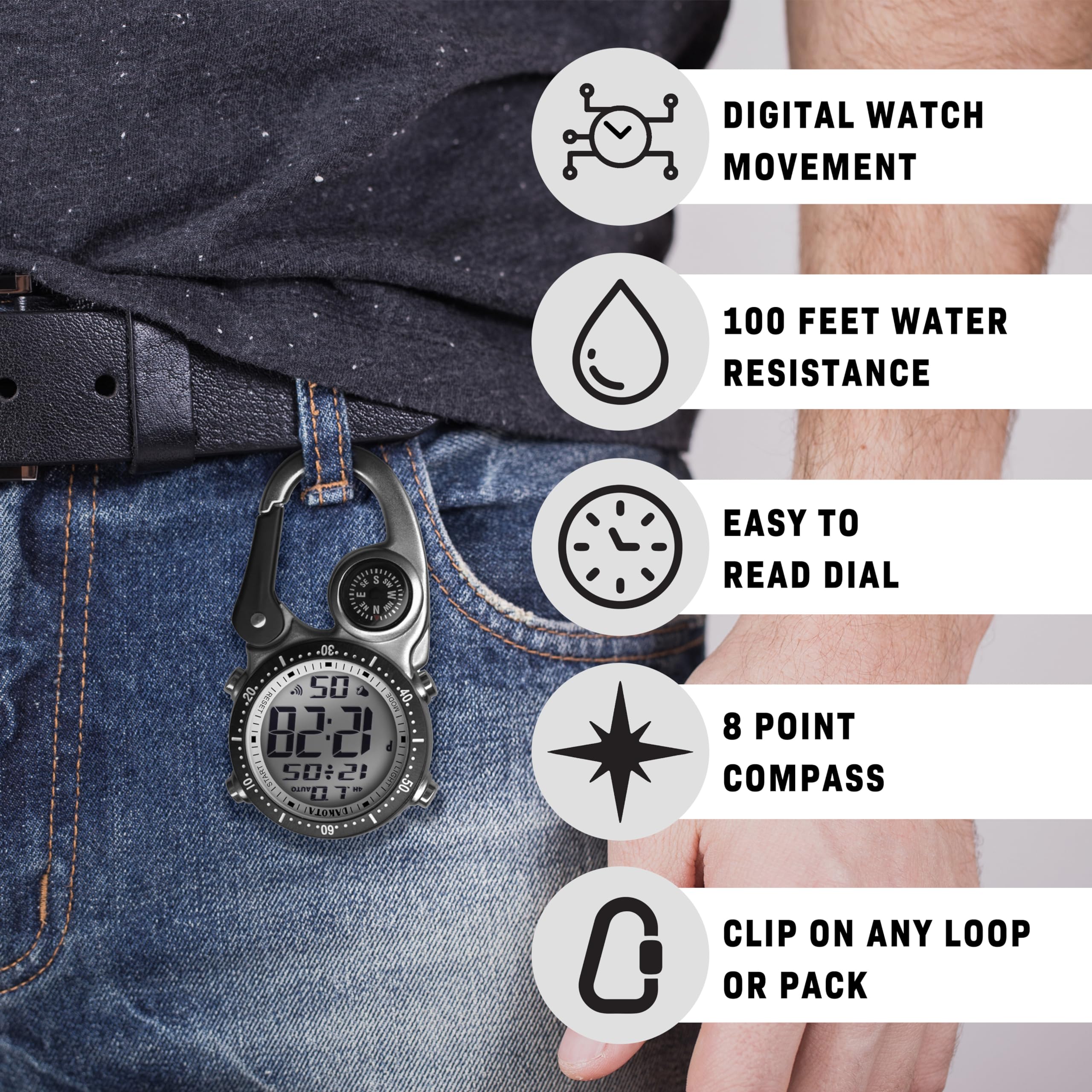 Dakota Digital Backpacker Clip Watch - Waterproof Outdoor Sports Watch with Alarm, Stopwatch, Timer & Dual Time Display - Perfect Tactical Gift for Men and Women - Ideal for Hiking, Camping, Travel & Military Use