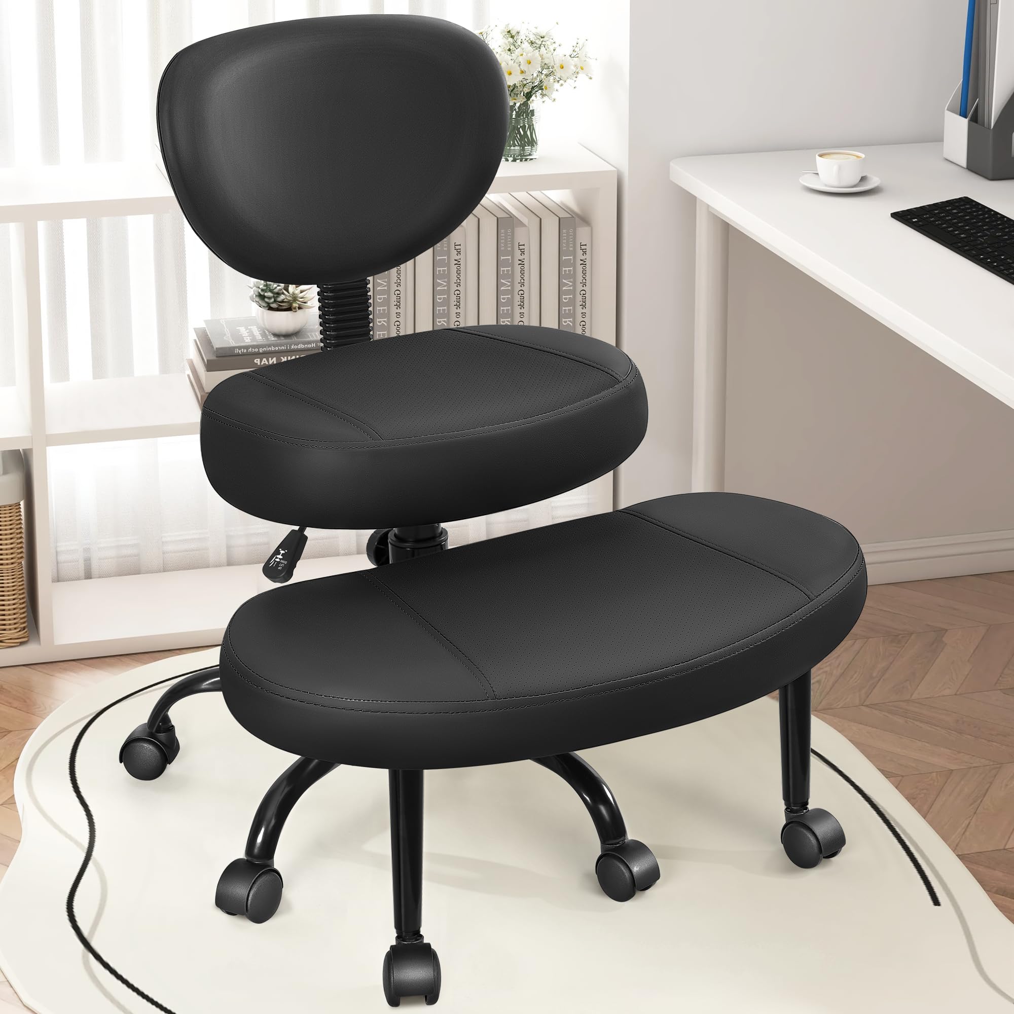 Primy Criss Cross Office Chair - Ergonomic Kneeling Chair for ADHD & Meditation - Adjustable Height with Wheels, Backrest & 360° Rotating Footrest - Perfect for Home Office, Yoga & Cross-Legged Sitting - Black