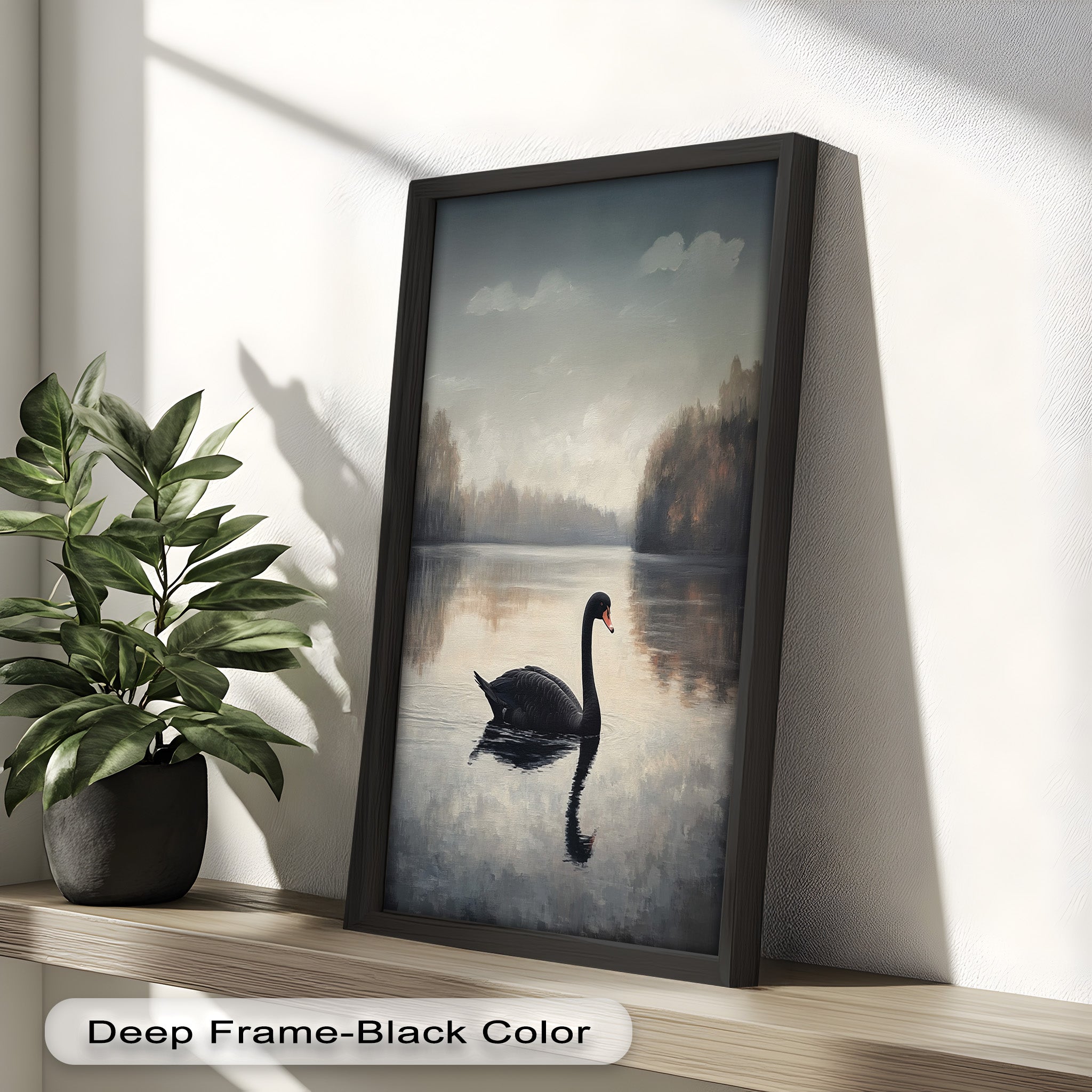 Black Swan at Dusk - Hand Painted Lake Landscape Oil Canvas Artwork - Perfect for Living Room, Bedroom, or Office Wall Decor