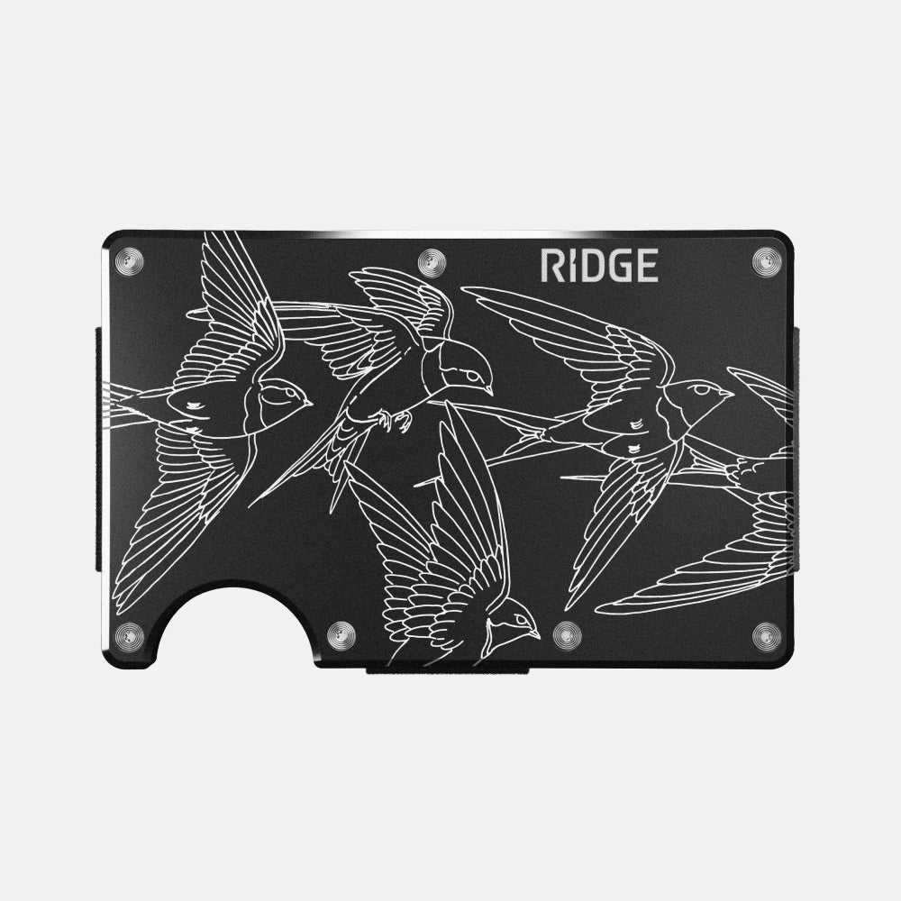 Ridge Wallet H.B. Nielsen Silver Swallows - Slim RFID Blocking Metal Wallet for Men - Perfect for Everyday Carry, Travel & Minimalist Lifestyle