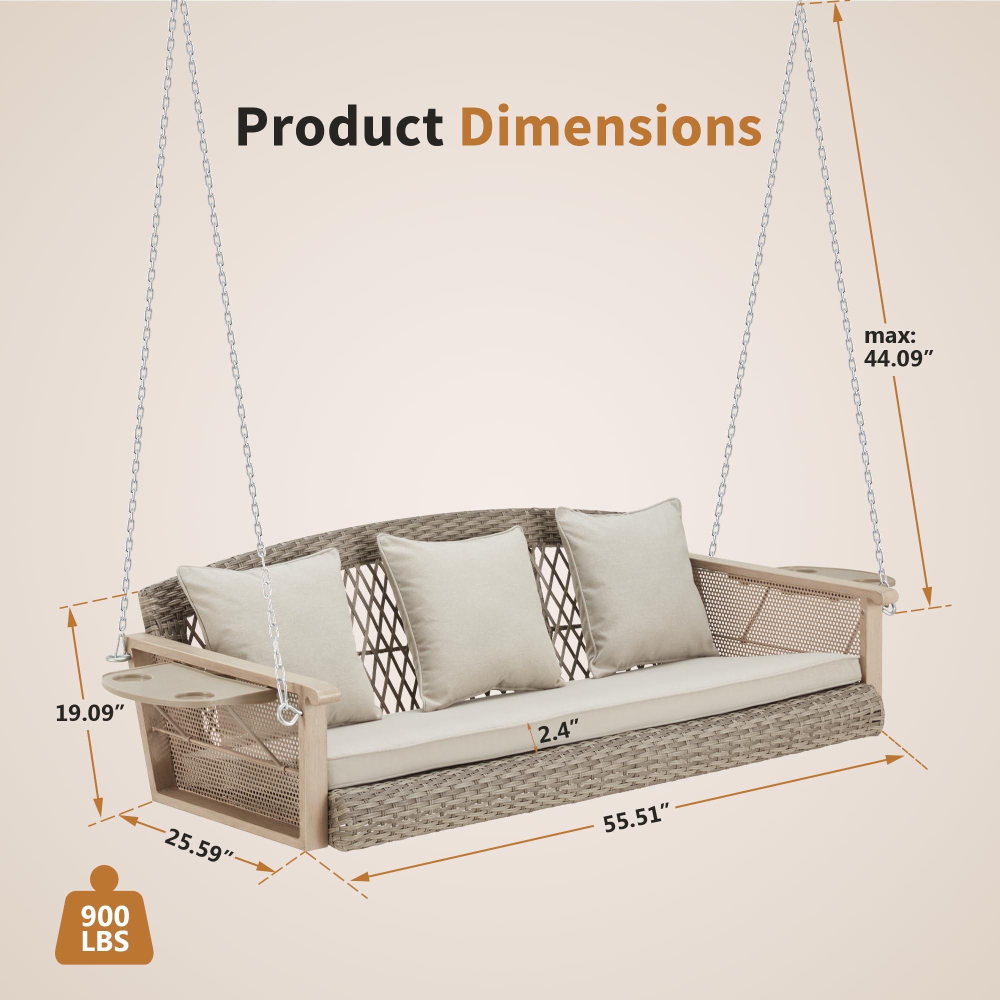 HOMREST 55 Inch 3-Person Wicker Porch Swing with Upgraded Cup Holders & Cushions - 900lbs Capacity Patio Hanging Bench Chair with Chains for Deck, Garden, Backyard - Perfect for Outdoor Relaxation & Entertaining (Beige)