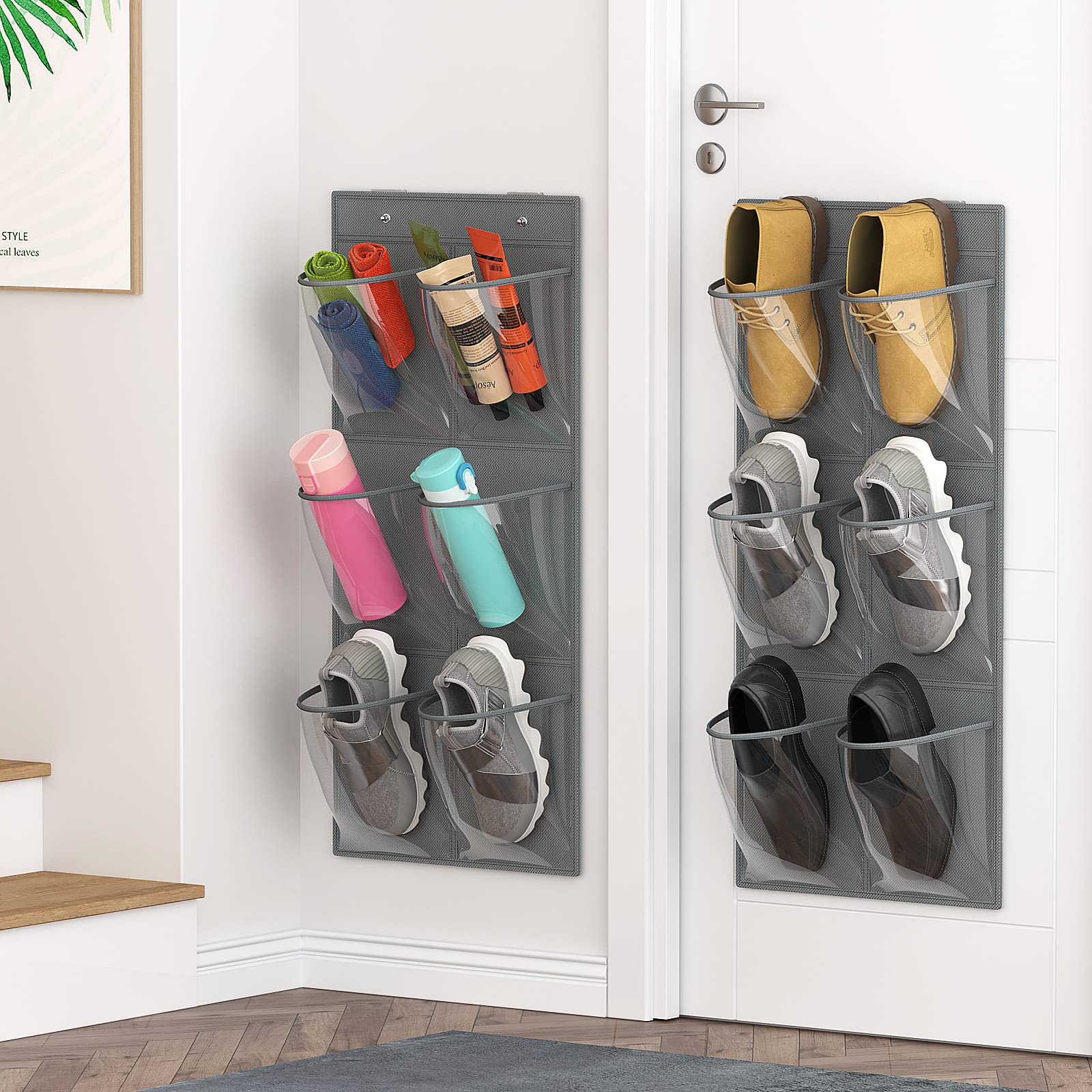 2-Pack Clear Over The Door Shoe Organizer - 12-Pocket Hanging Shoe Rack for Closet with Adhesive Strips, No Drill Wall Mount Shoe Storage for RV, Camper, Dorm & Small Spaces - Space Saving Shoe Organizer for Sneakers, Flats & Heels