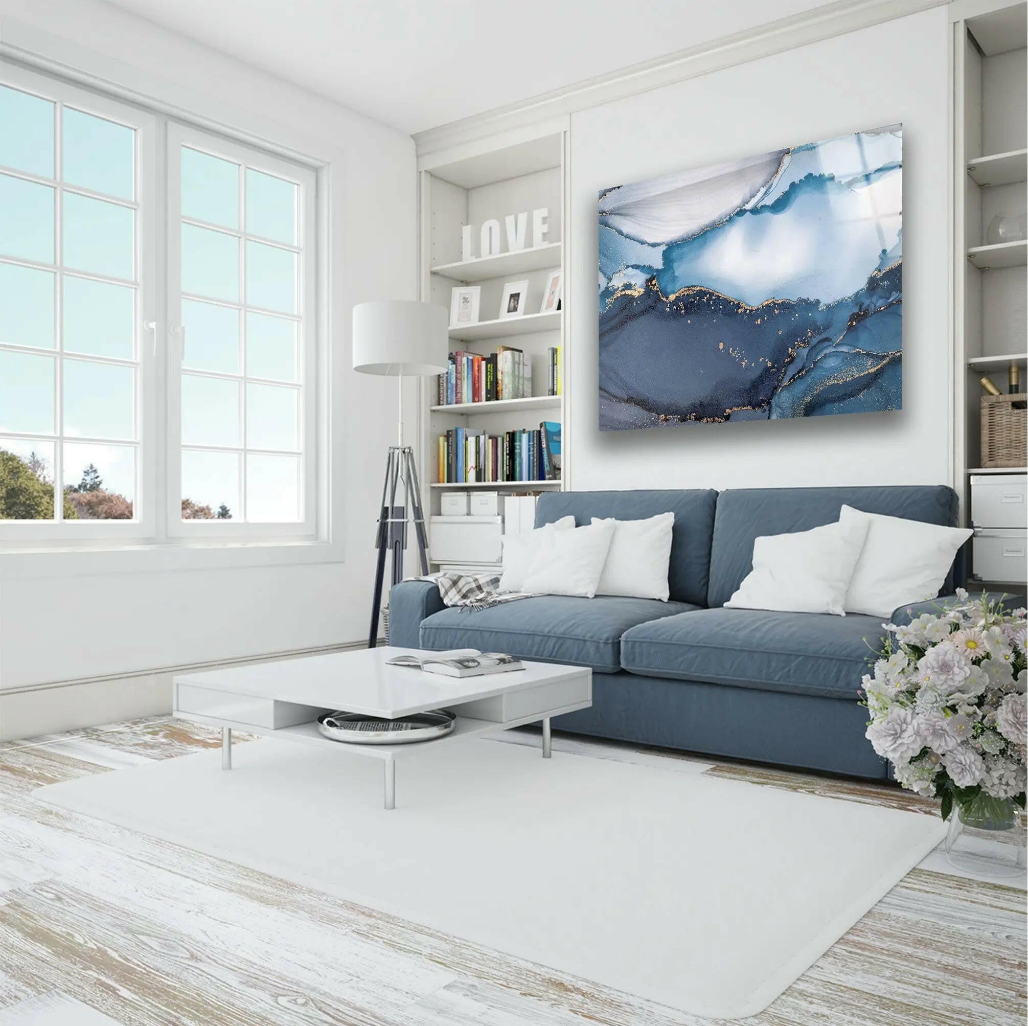 Blue Marble Ink Abstract Glass Wall Art - Modern Home Decor for Living Room, Bedroom & Office - Unique Handmade Glass Painting for Interior Design
